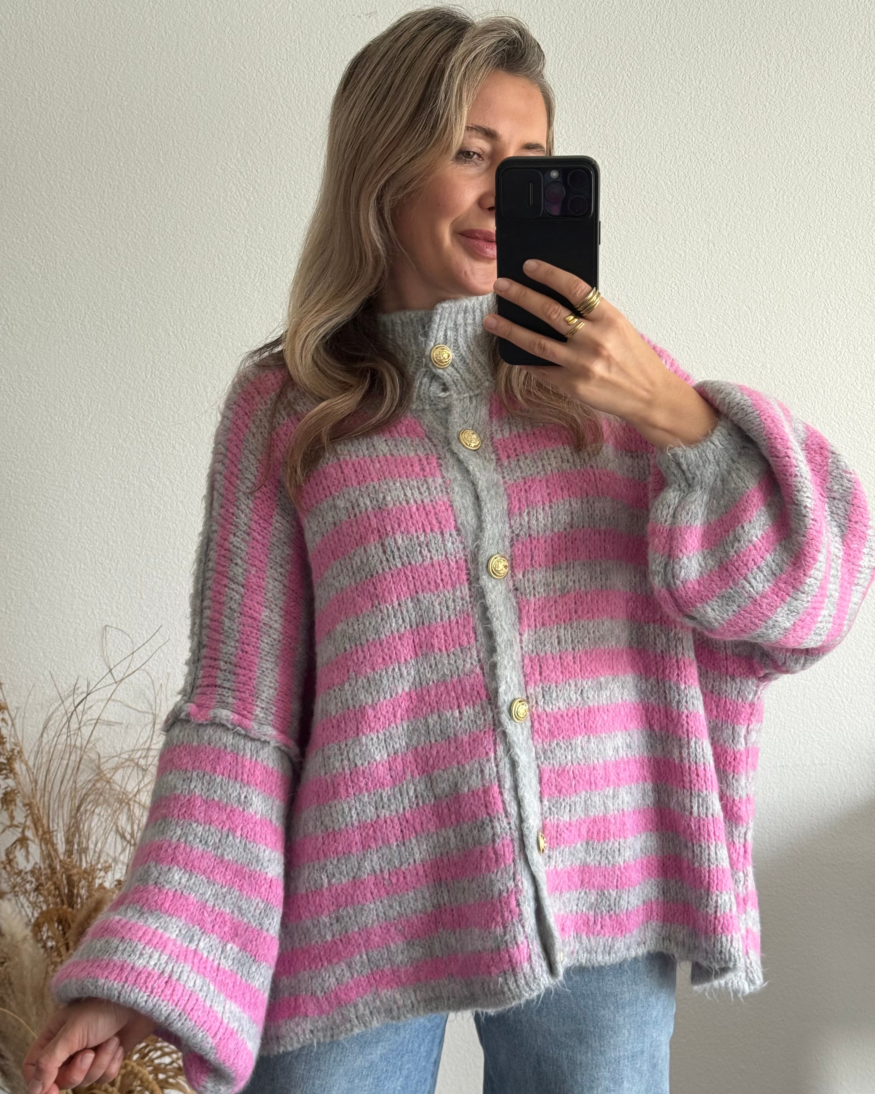 Cardigan gestreift Grau / Rosa