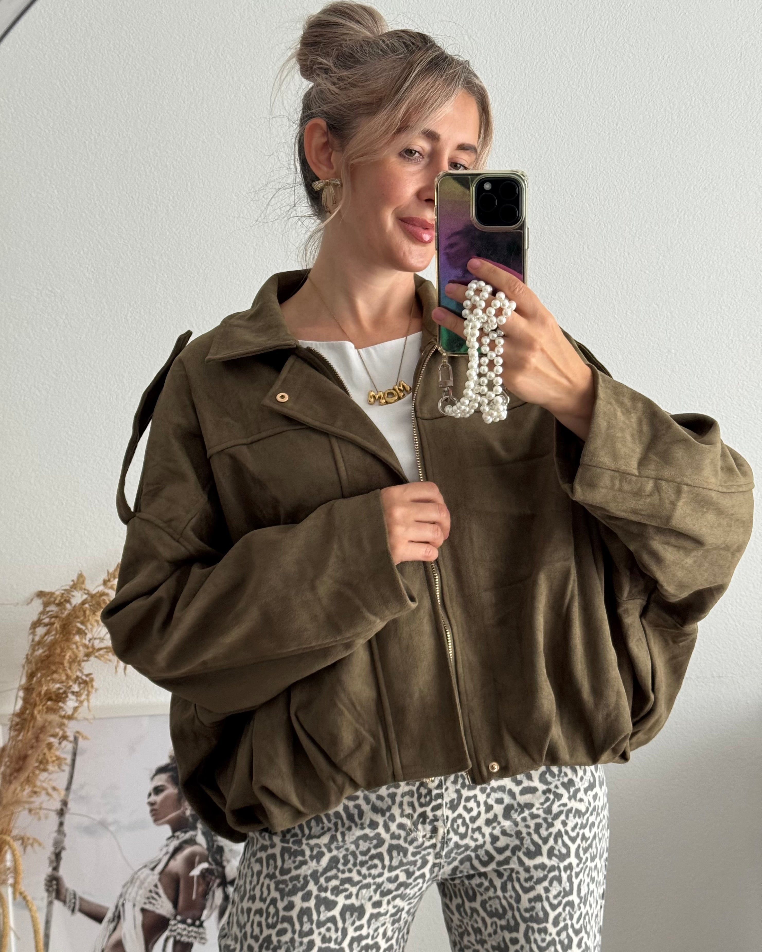 Luxe Suede Bomber Jacket Khaki
