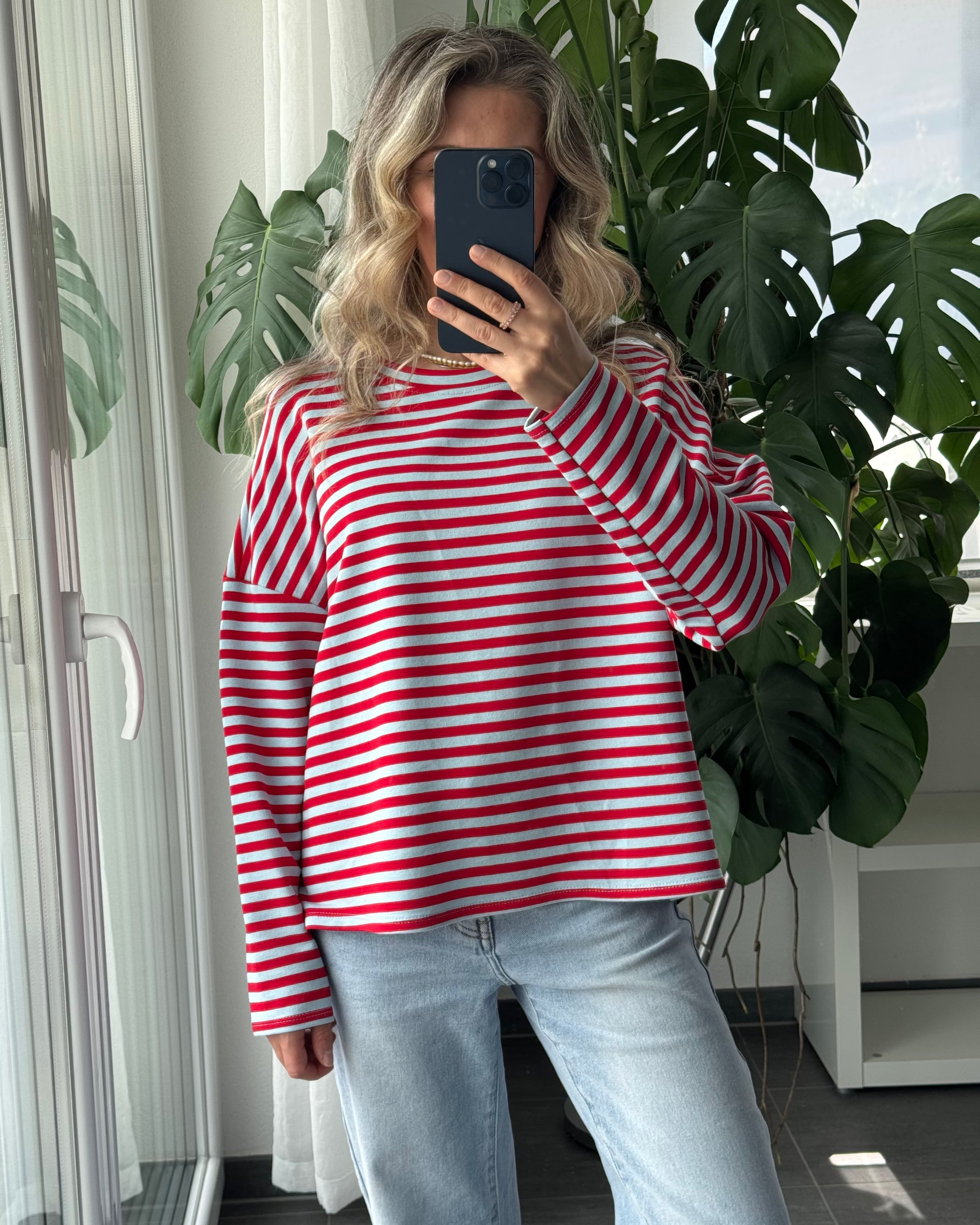 Shirt Streifenliebe langarm Hellblau Rot