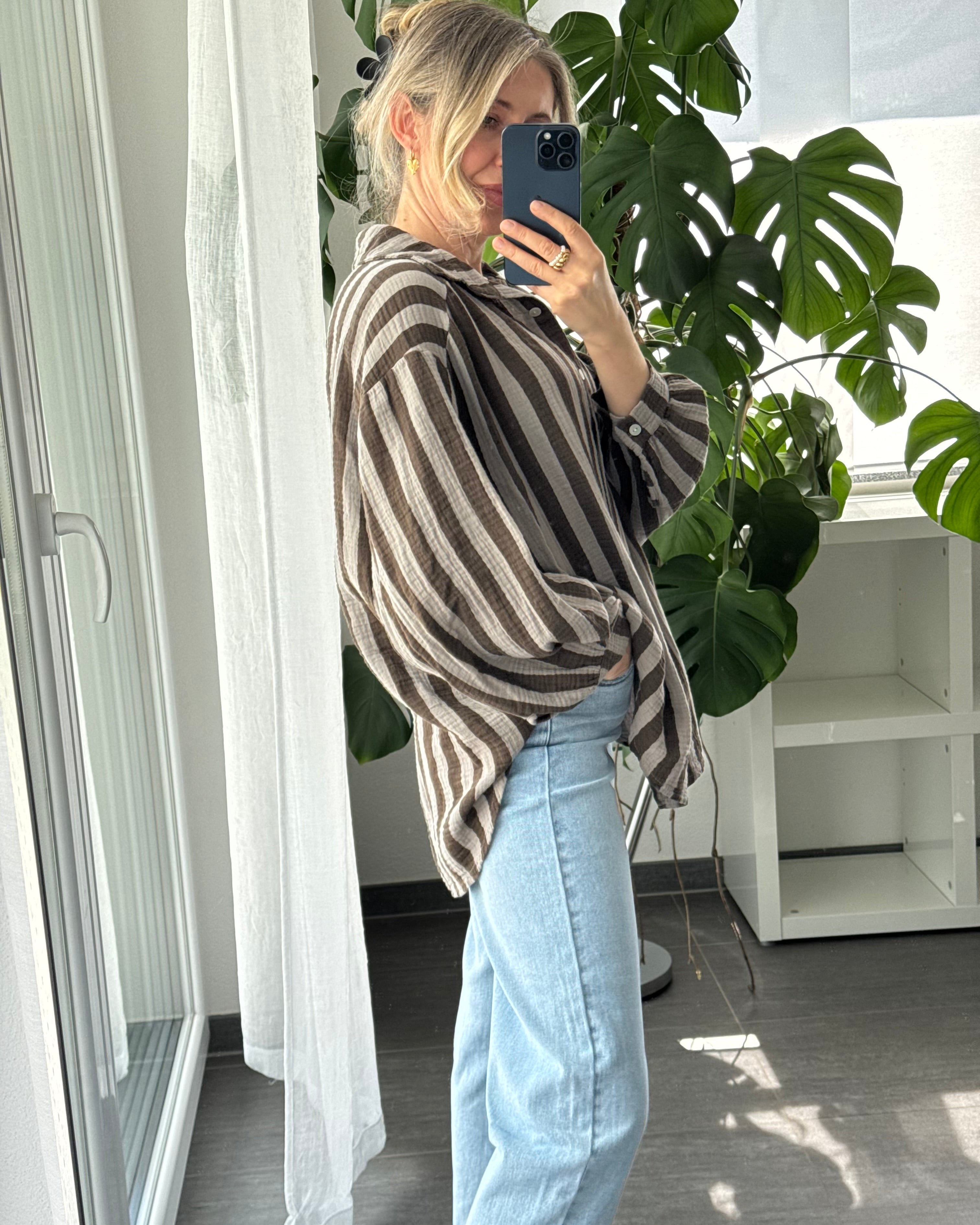 Musselinbluse Bold Stripes Braun