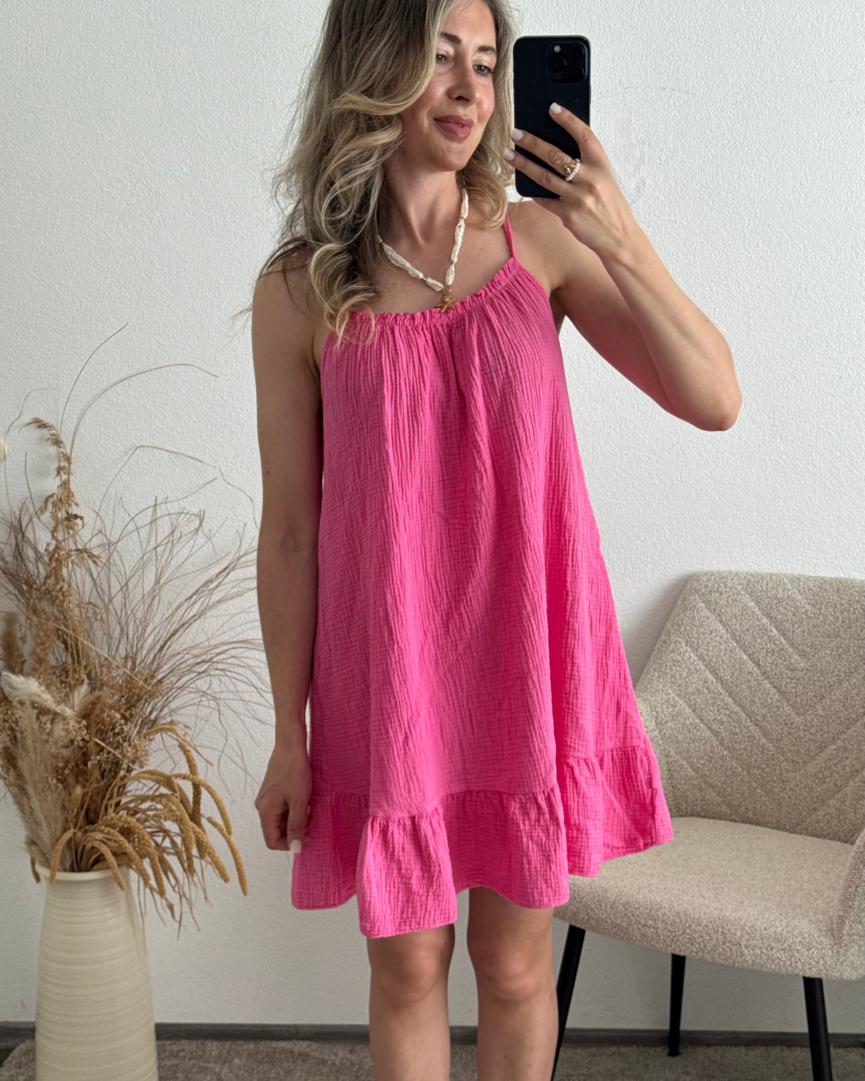 Musselinkleid mit Volantsaum Kelly Pink