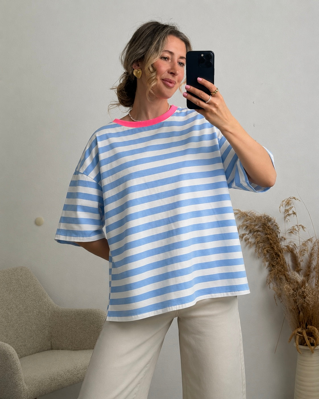 Open Tie Back Shirt blau/weiss