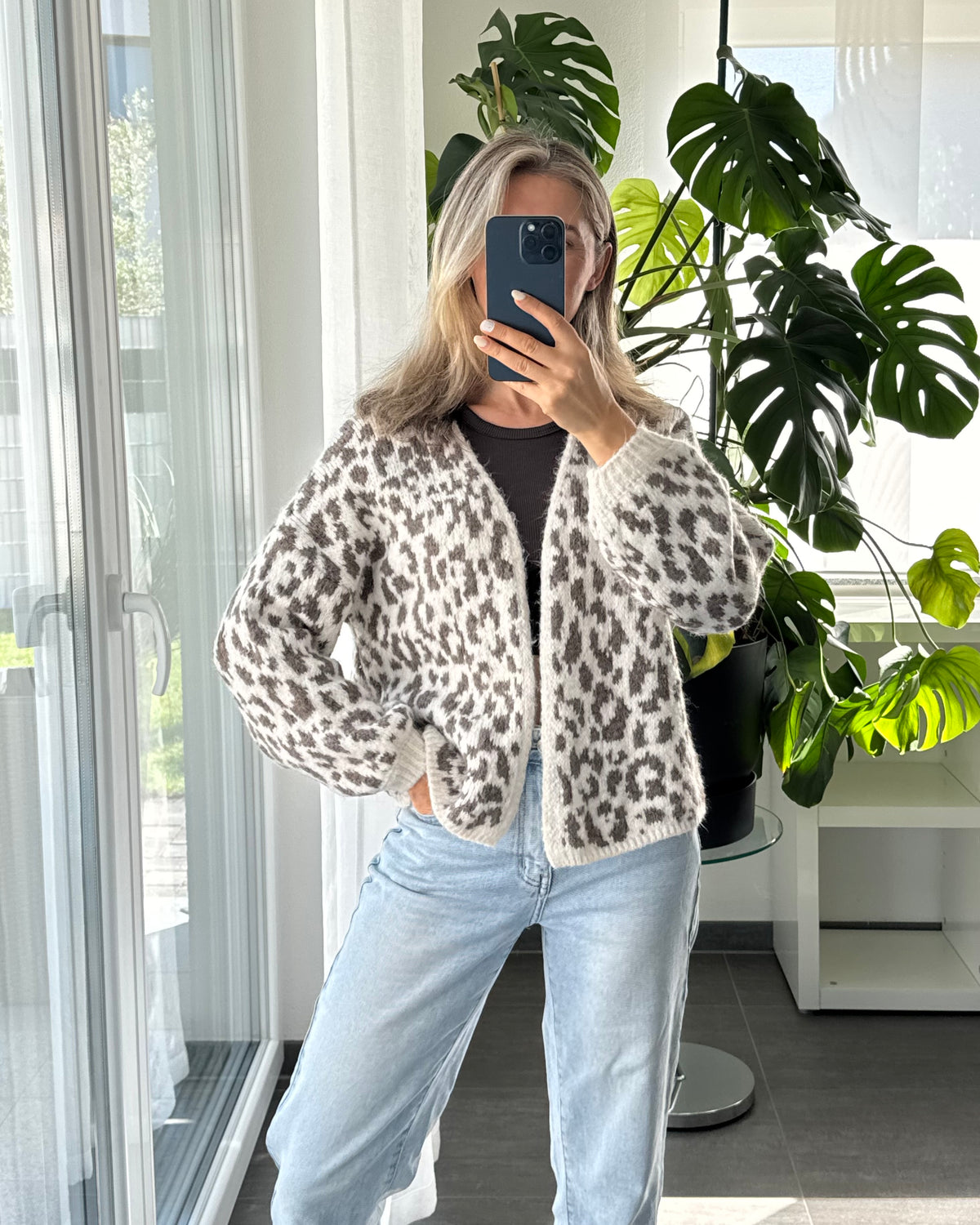 Offener Cardigan mit Leoprint Beige Taupe