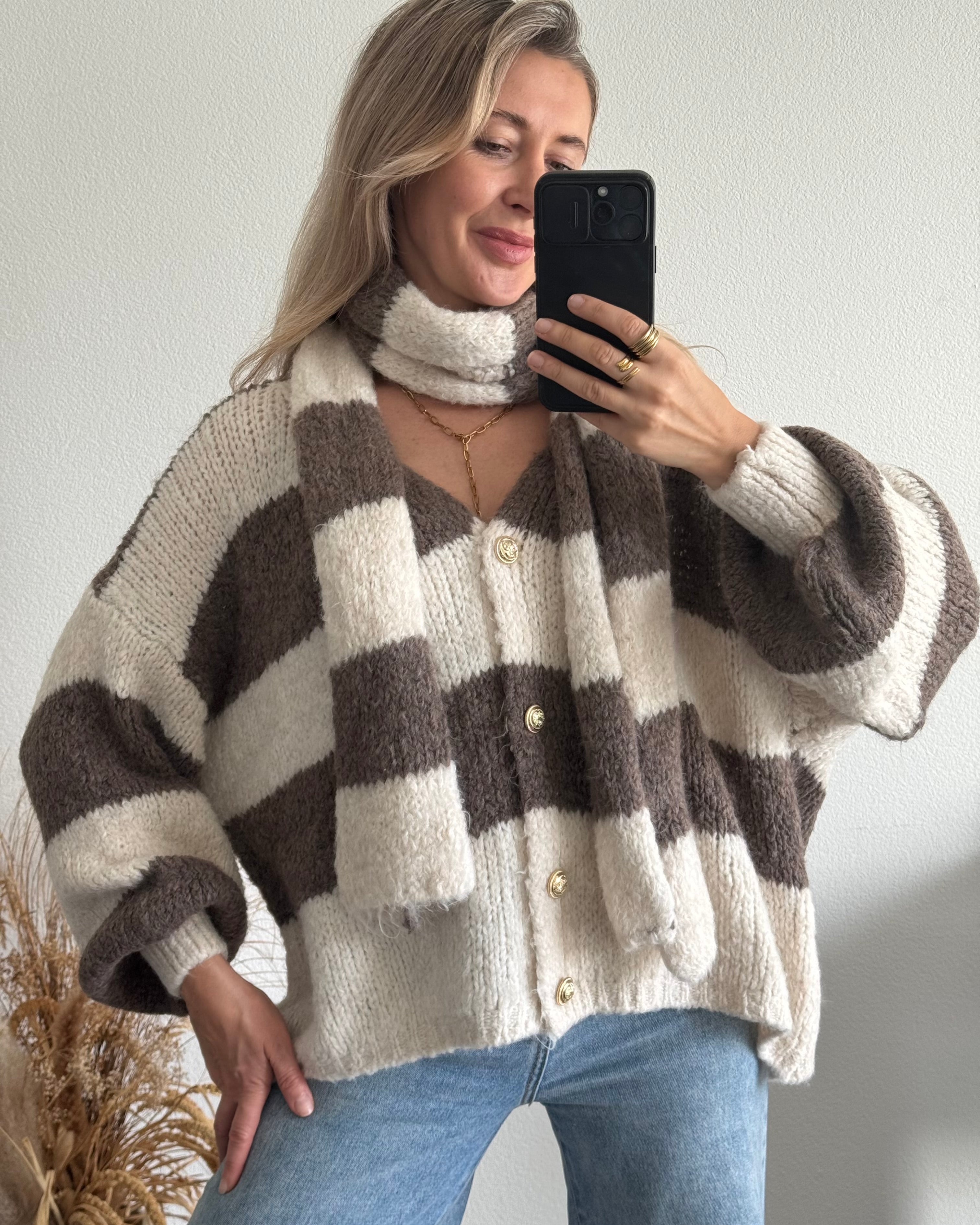 Kuscheliger Cardigan mit Schal Creme / Taupe