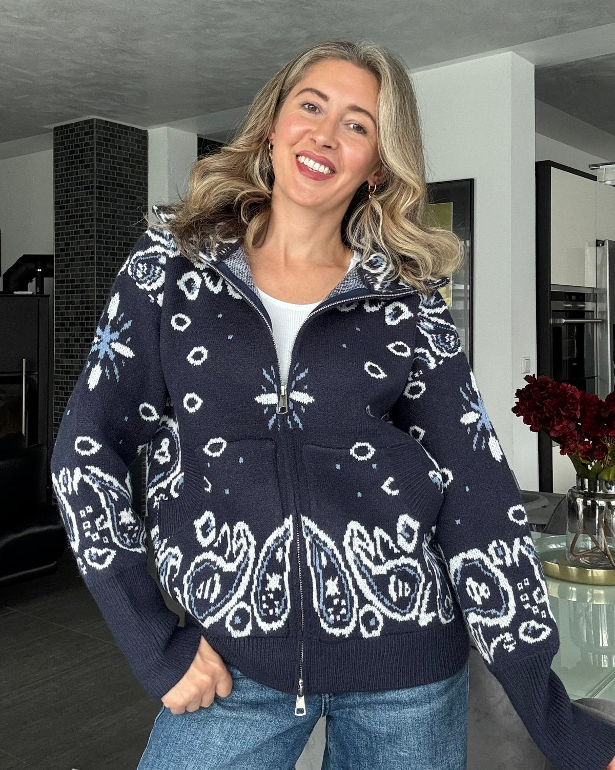 Zip Cardigan Paisley Blau