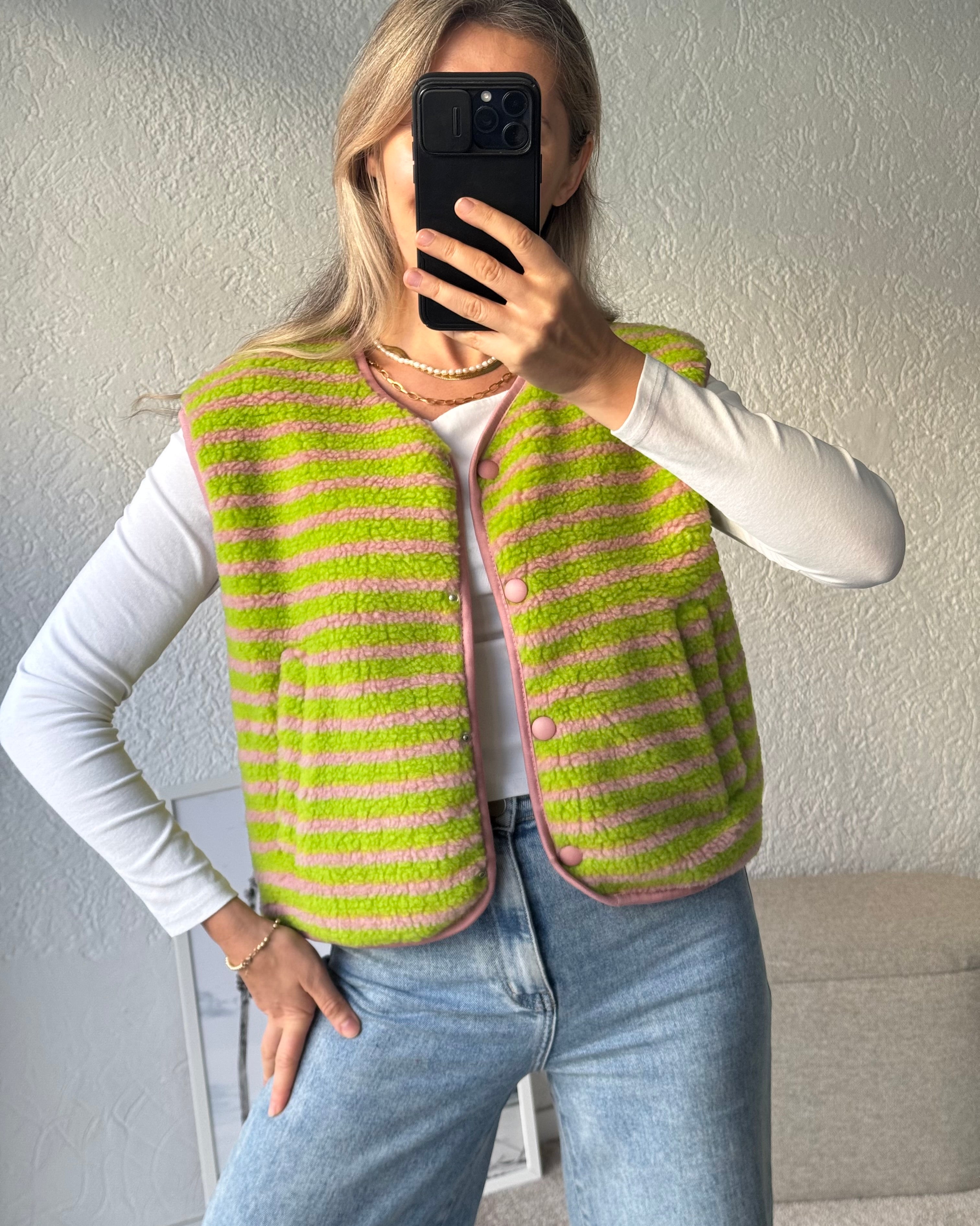 Teddyweste Stripes Matcha Grün