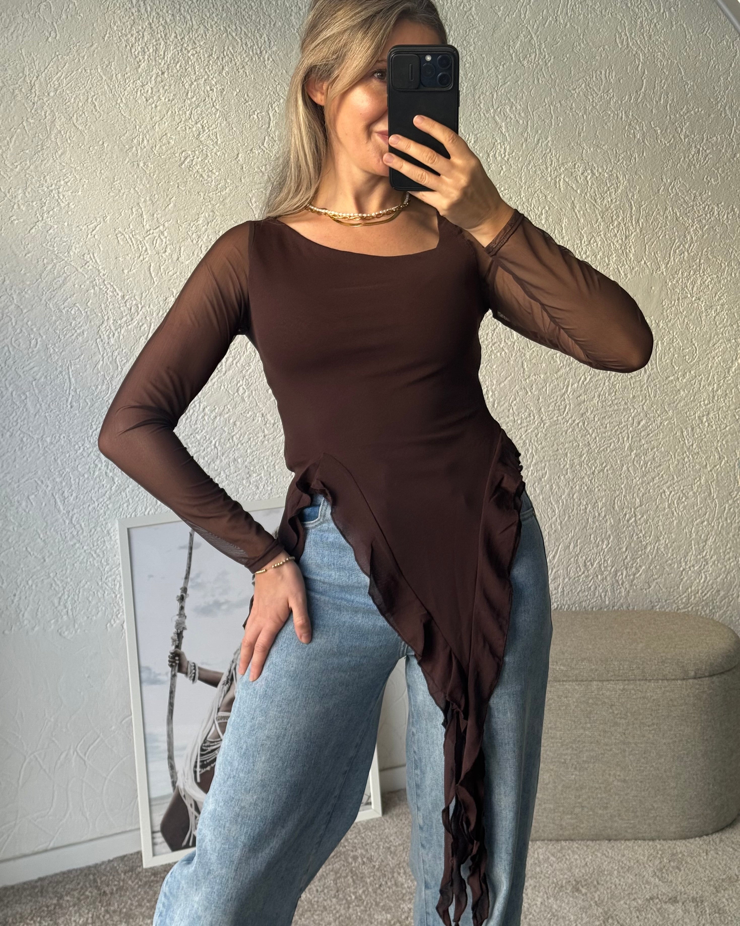 Meshtop langarm braun