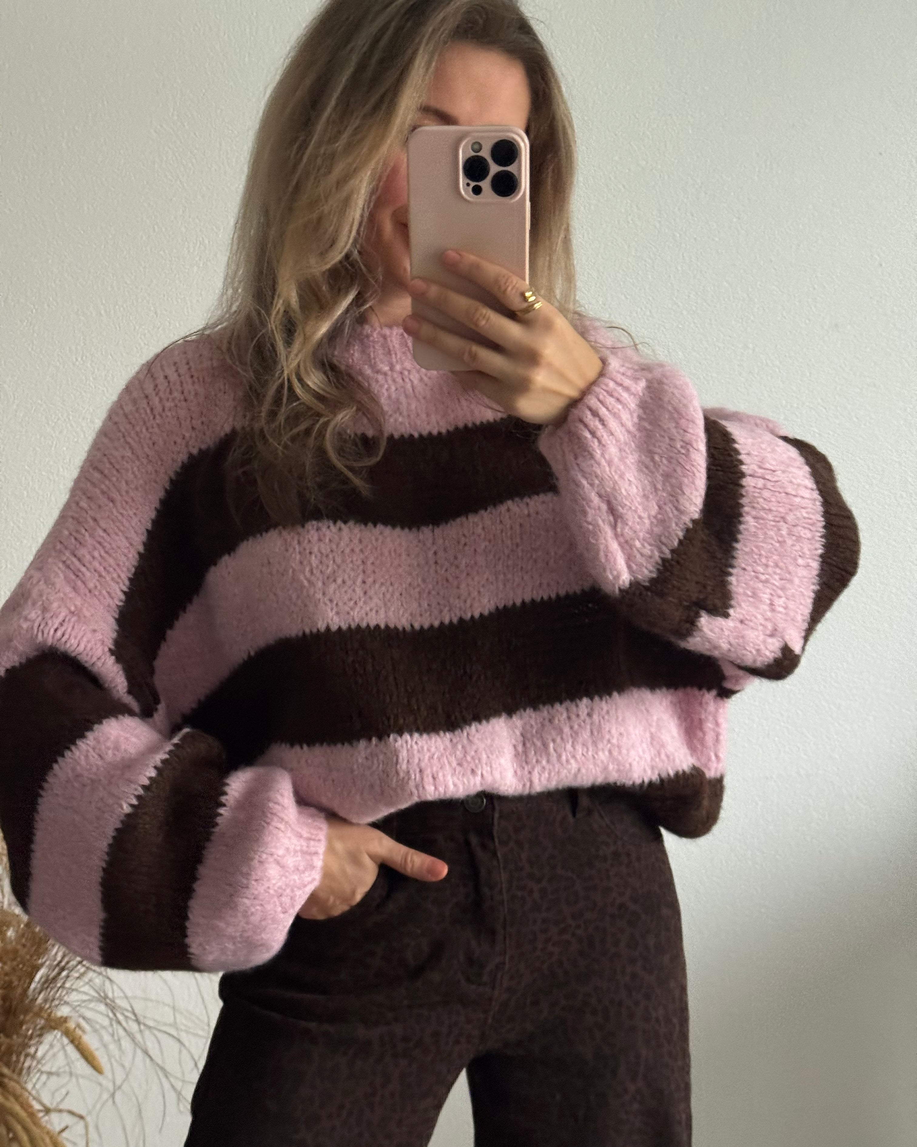 Strickpullover Fluffy Blockstreifen Braun Rosa