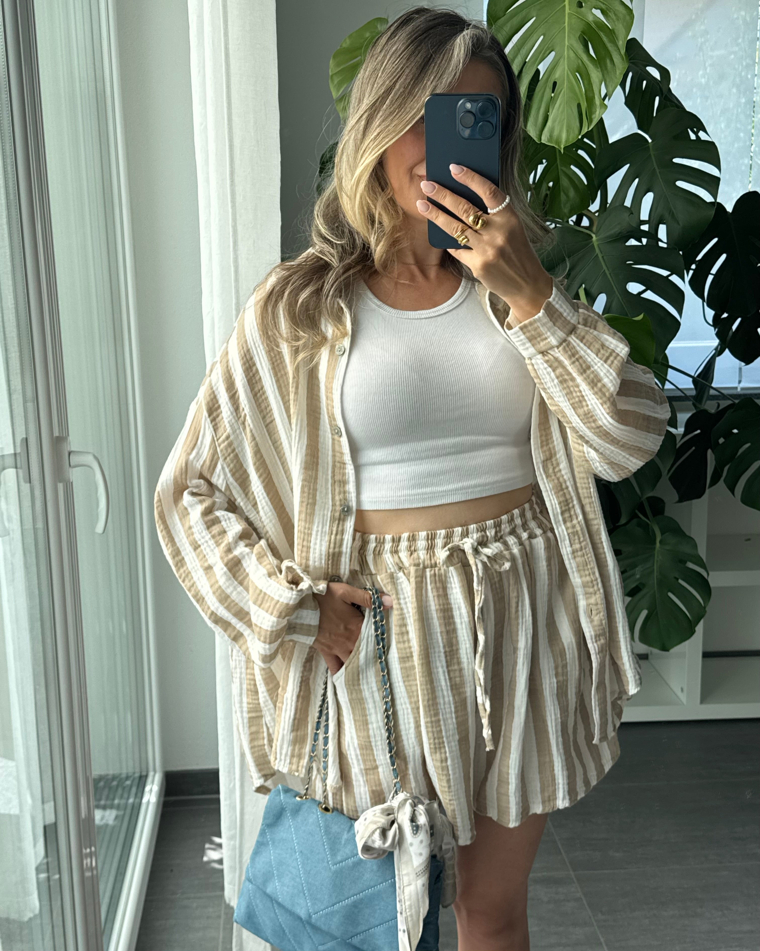 Musselin-Set – Bluse & Shorts Beige