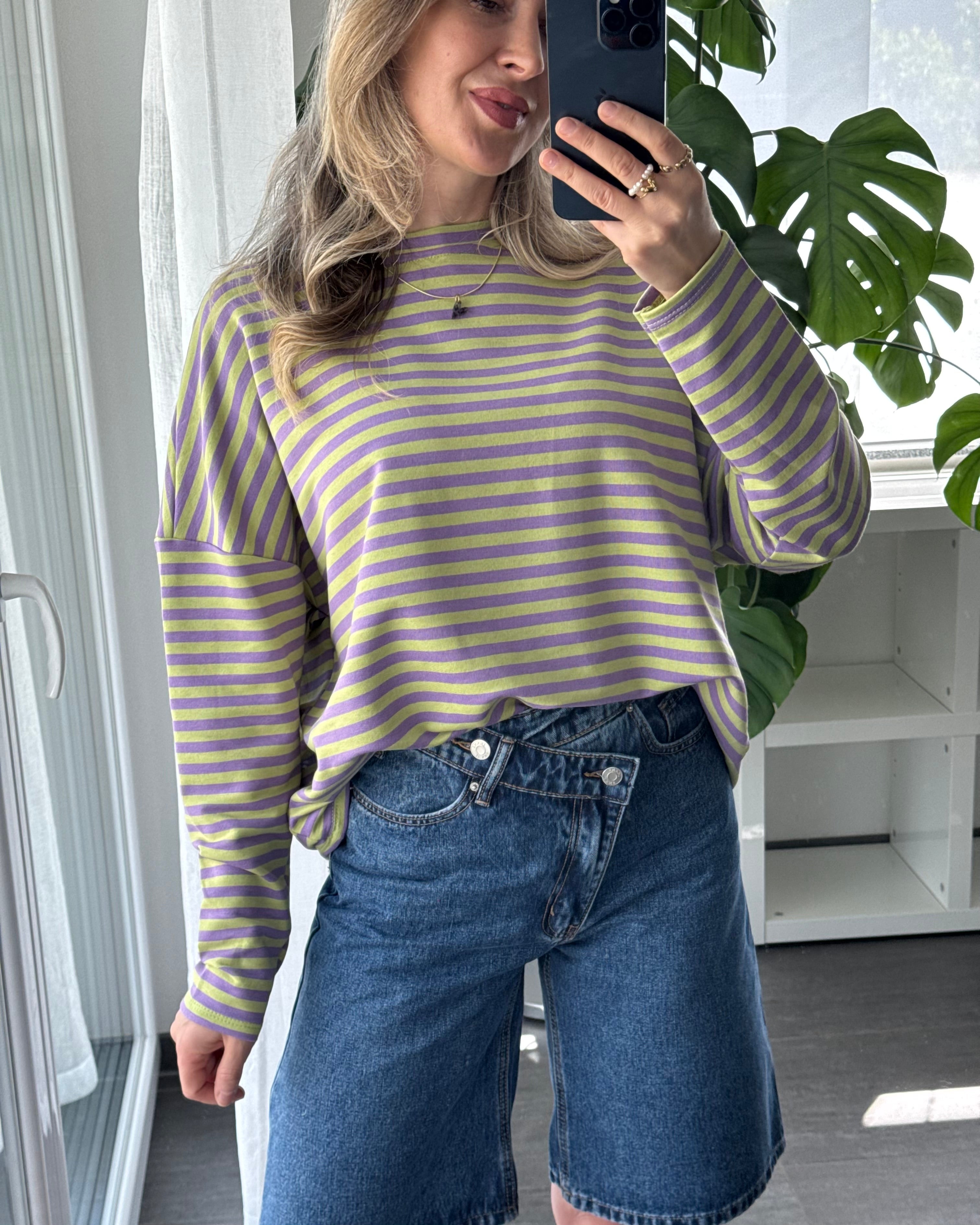 Shirt Streifenliebe langarm Lila Grün