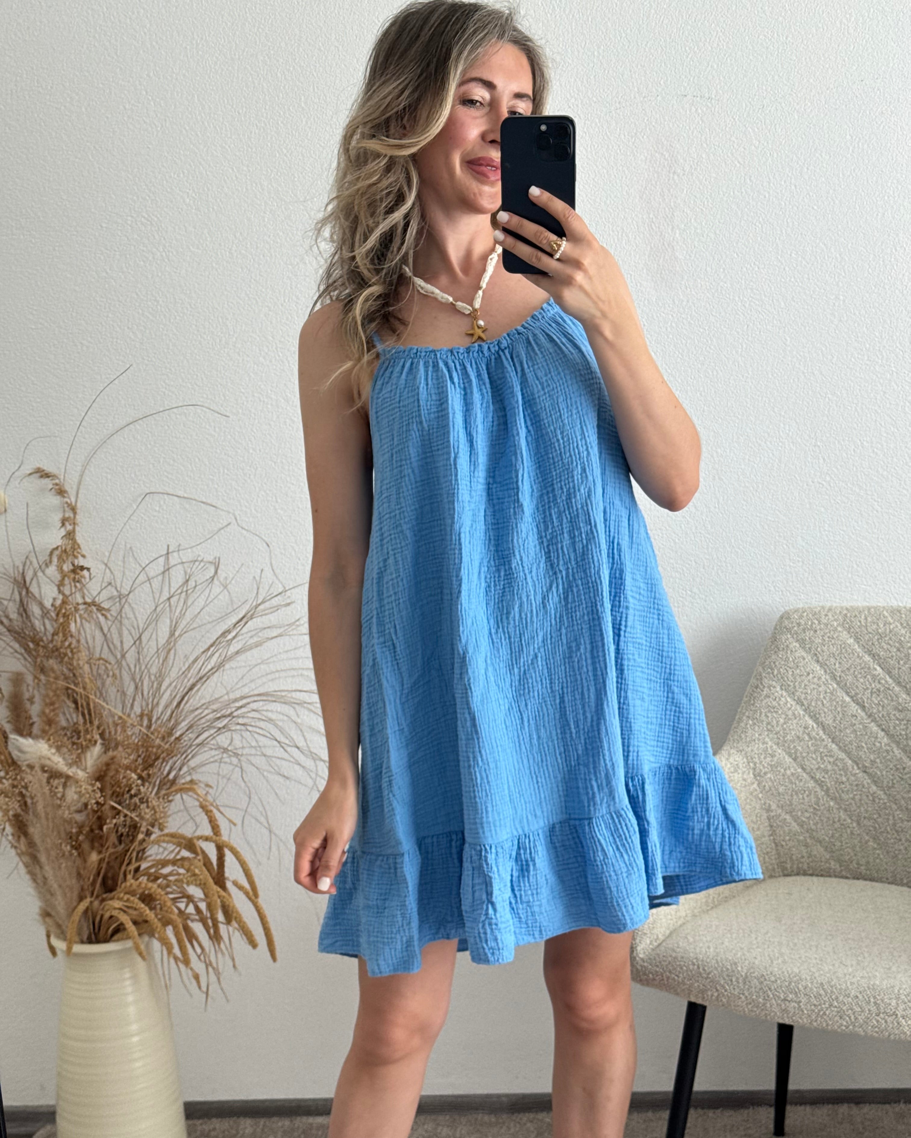 Musselinkleid mit Volantsaum Kelly Himmelblau