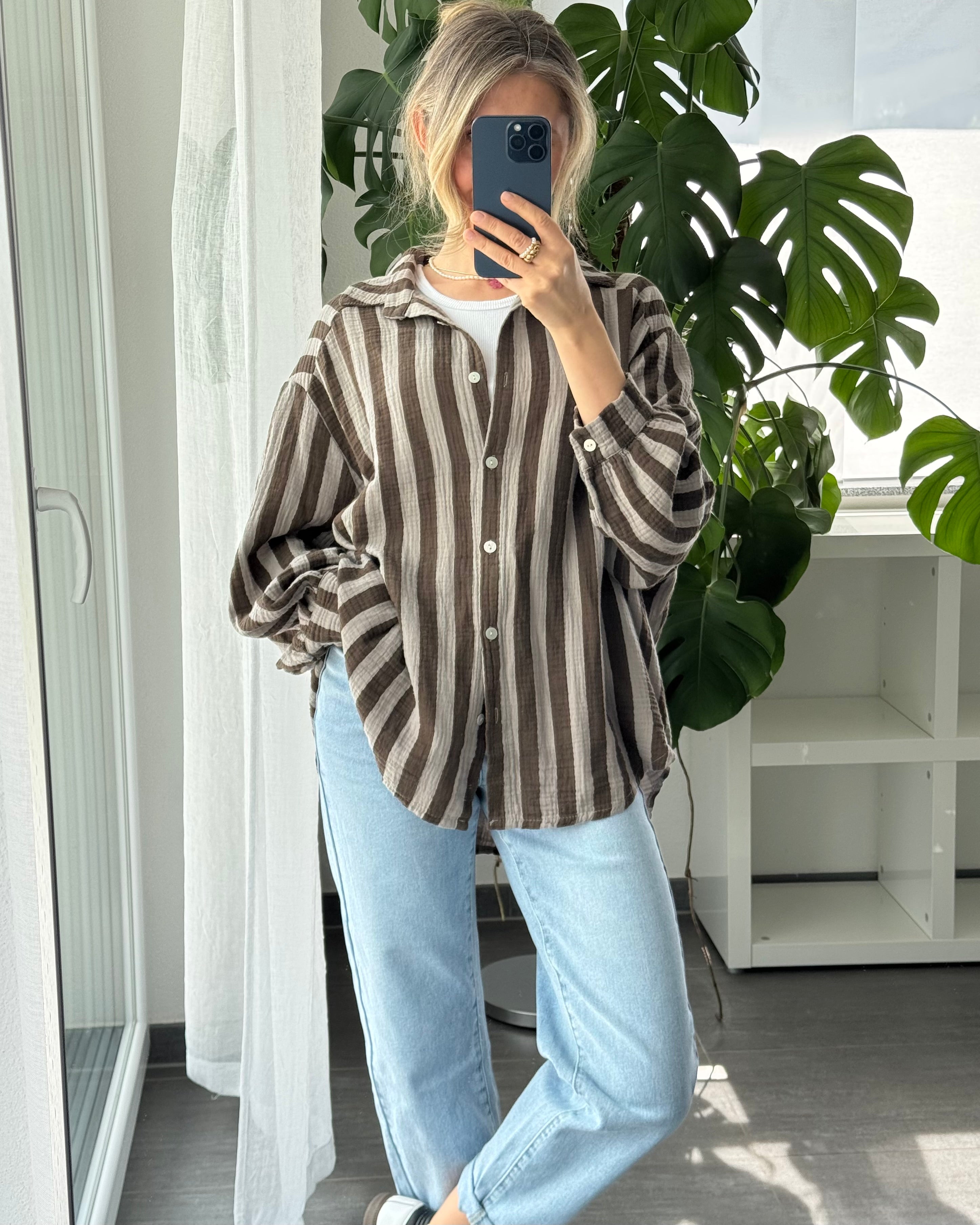 Musselinbluse Bold Stripes Braun