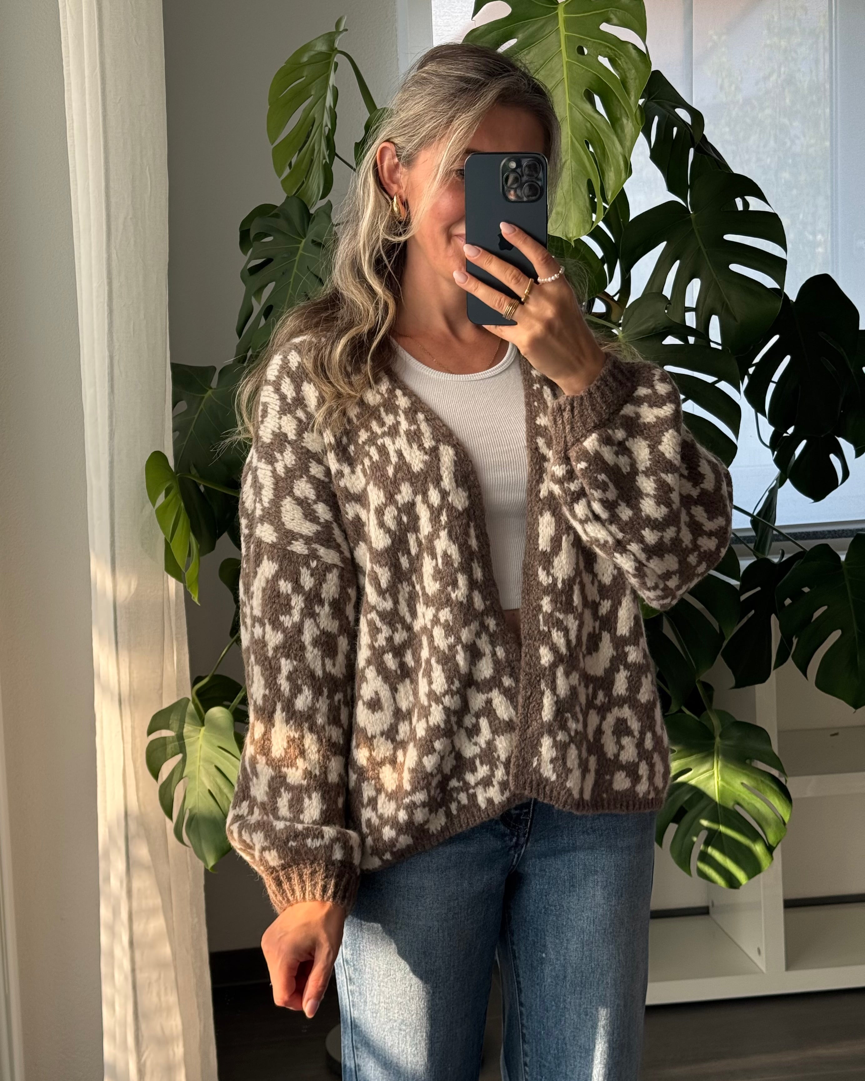 Offener Cardigan mit Leoprint Taupe