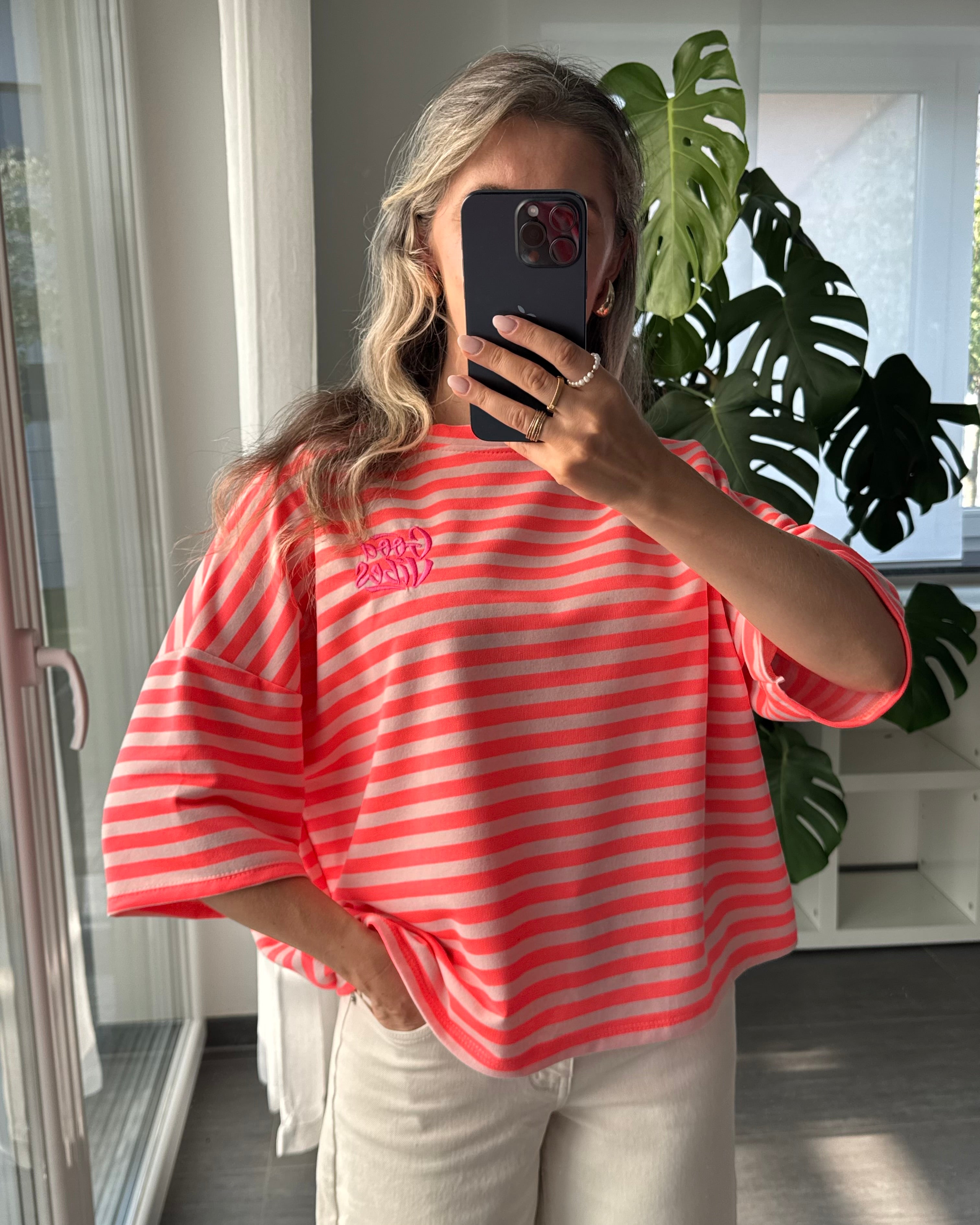 Shirt Streifenliebe Good Vibes Korallrot