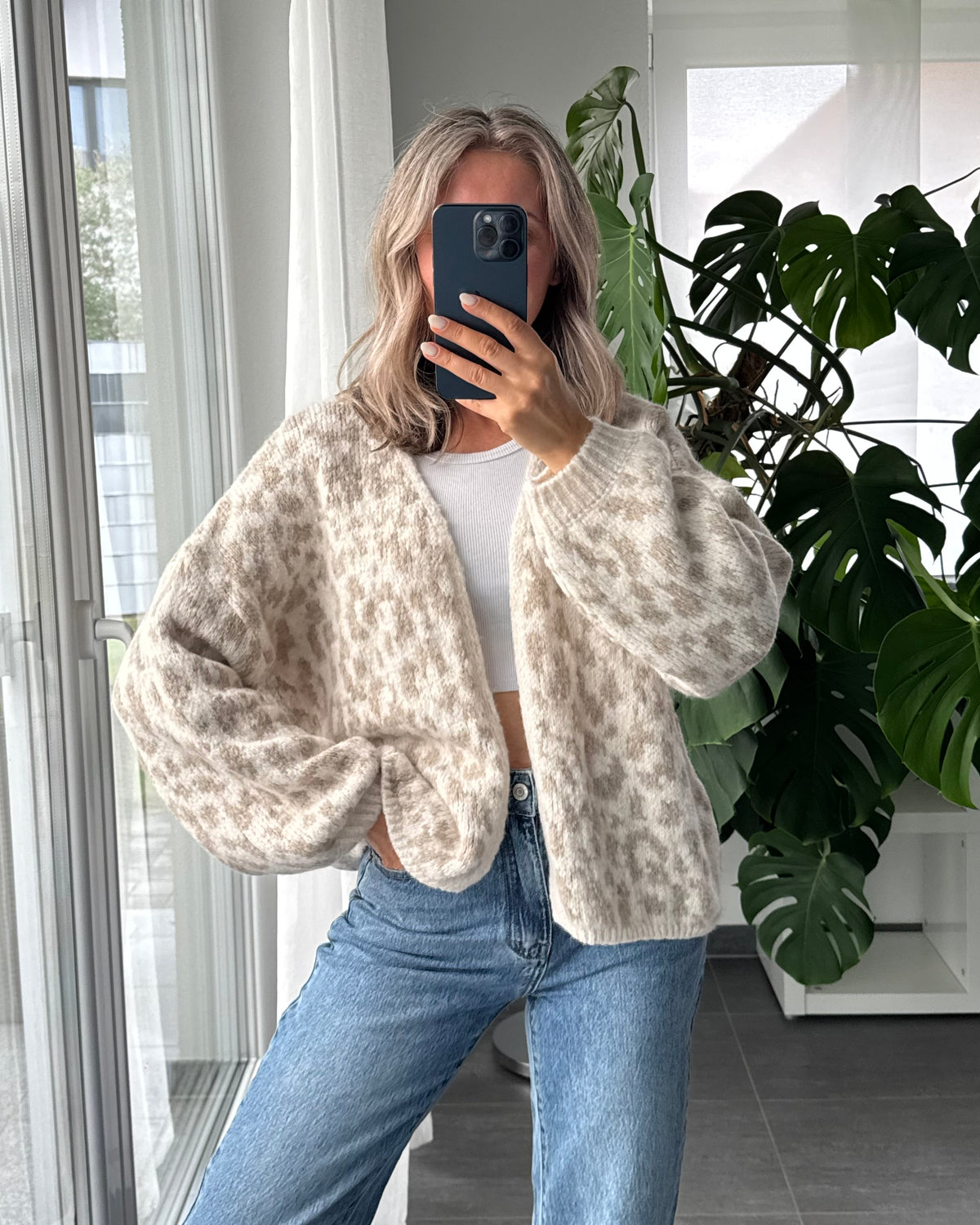 Offener Cardigan mit Leoprint Beige