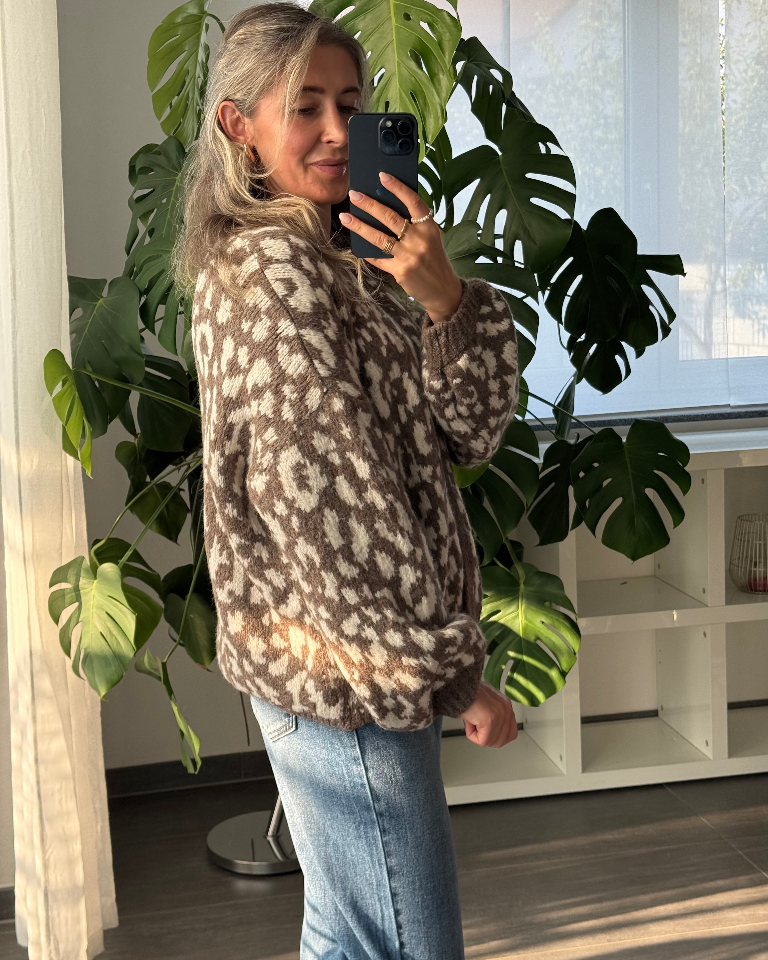 Offener Cardigan mit Leoprint Taupe