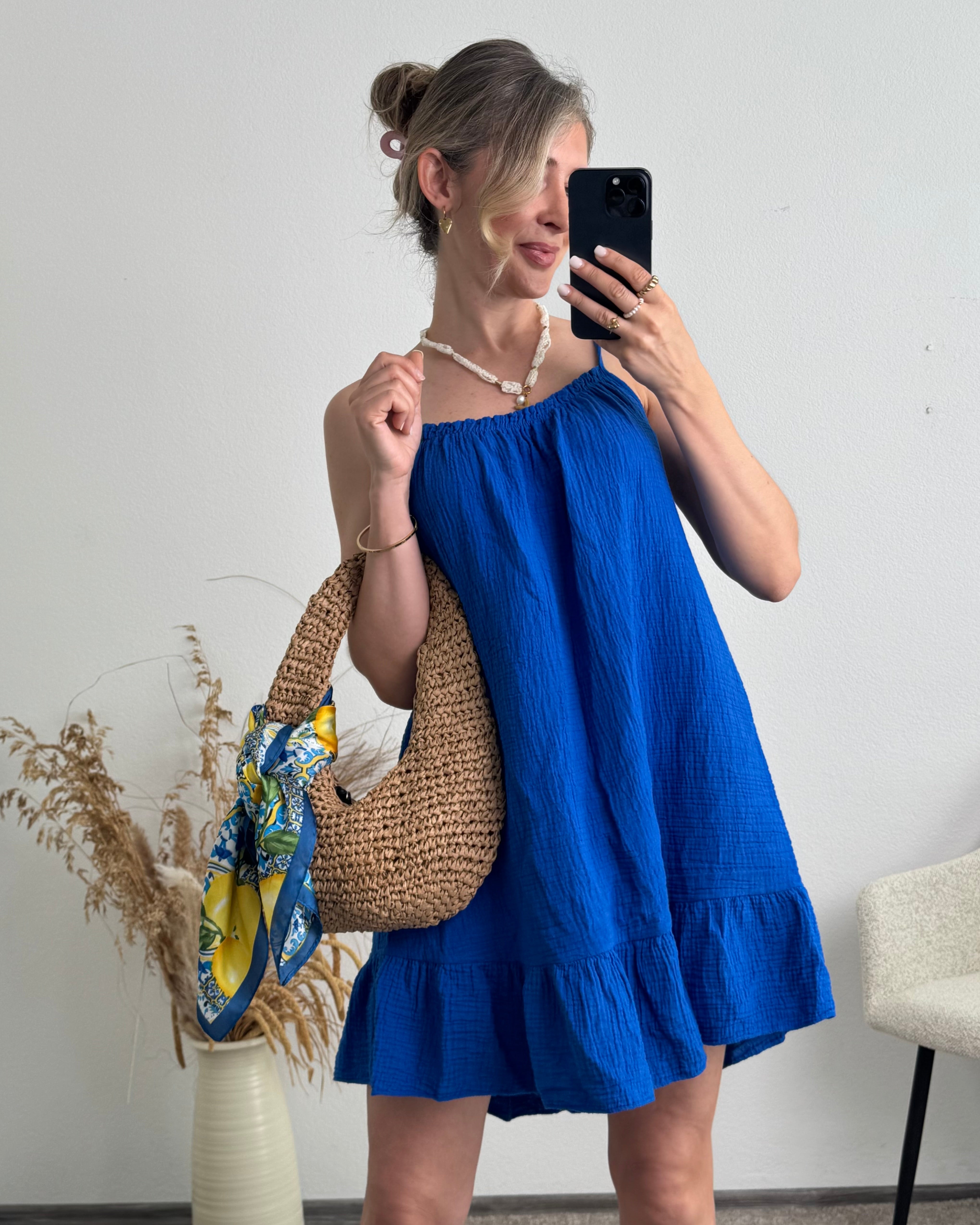 Musselinkleid mit Volantsaum Kelly royalblau