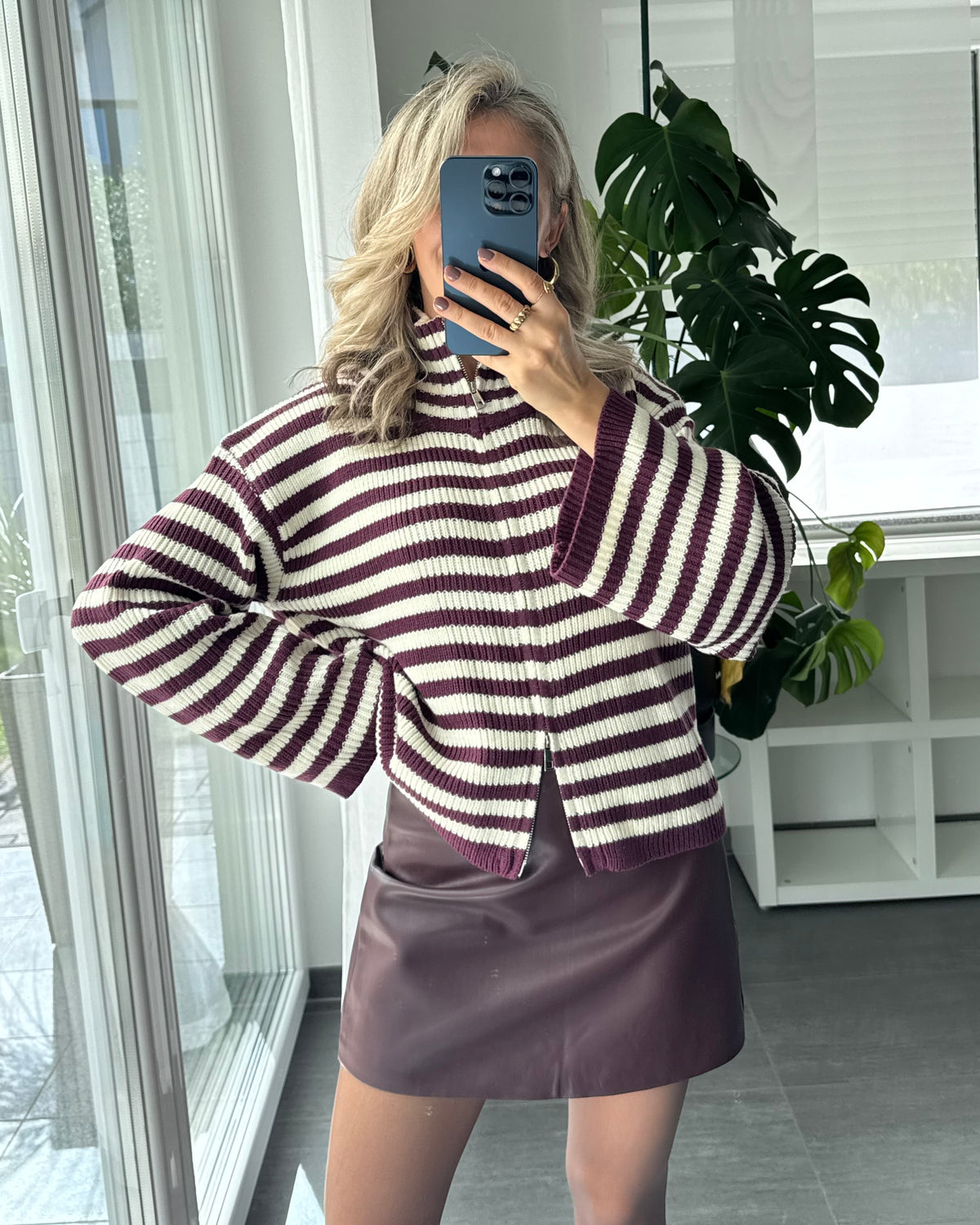 Streifen Strick Zipper Purple