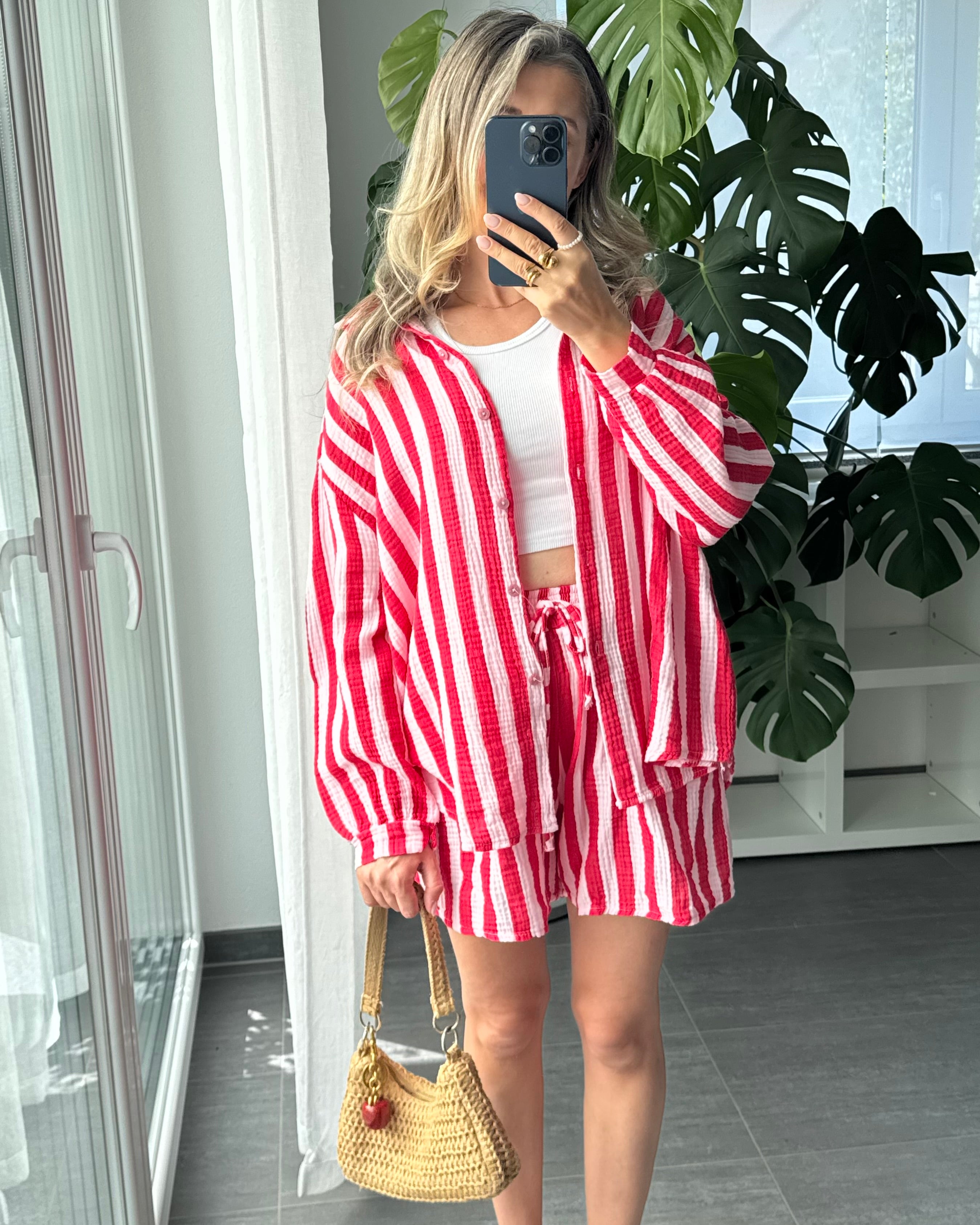 Musselin-Set – Bluse & Shorts Rot