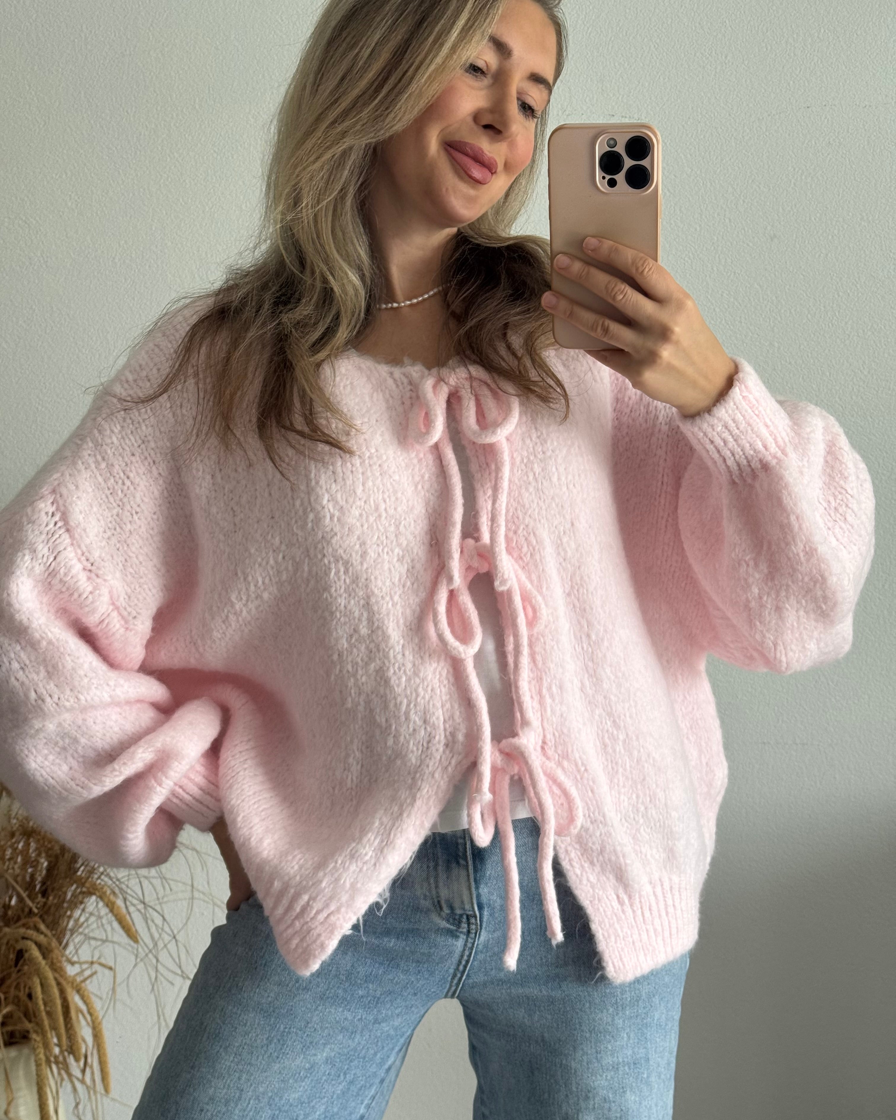 Cardigan mit Schleifen Langarm Zartrosa