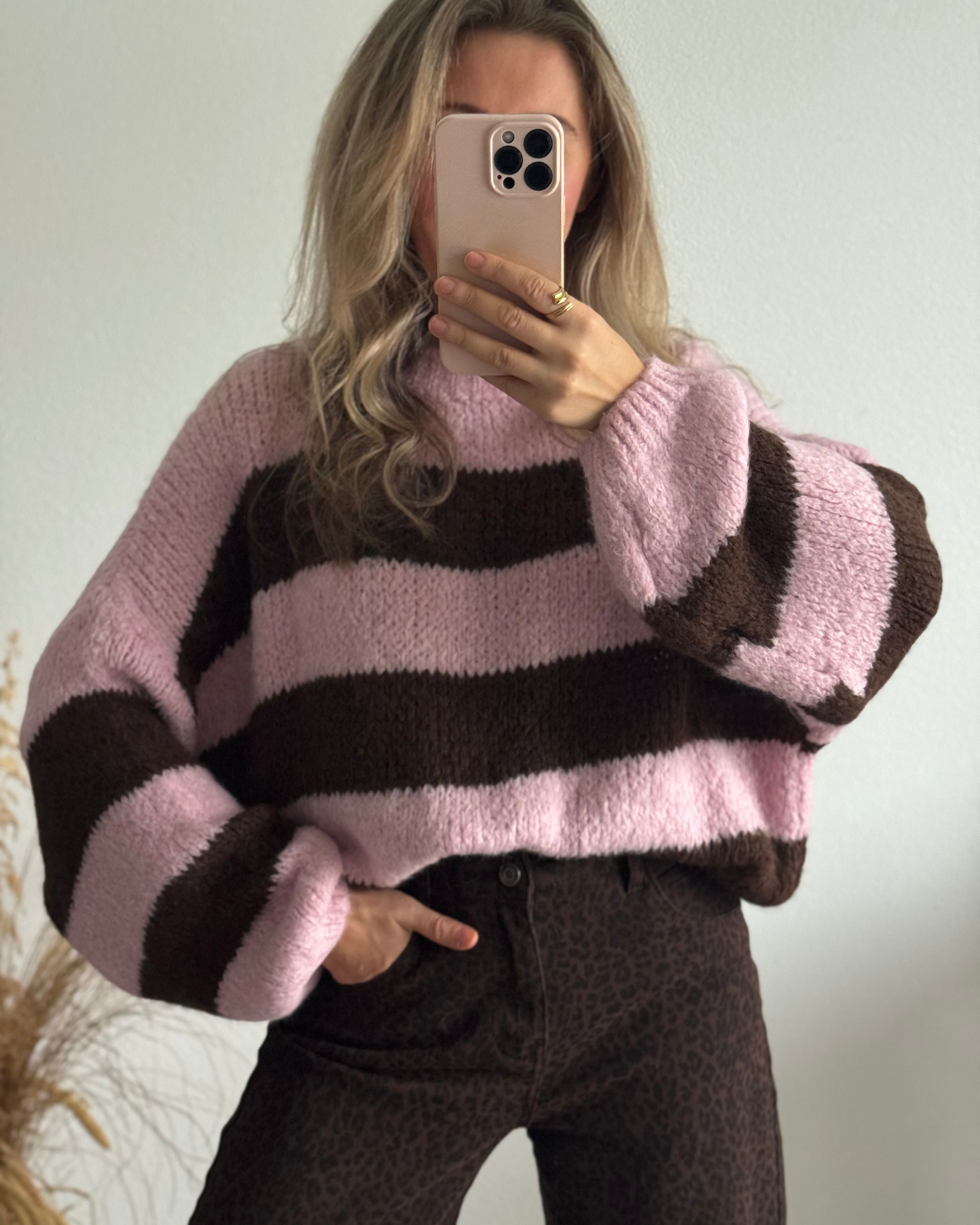 Strickpullover Fluffy Blockstreifen Braun Rosa