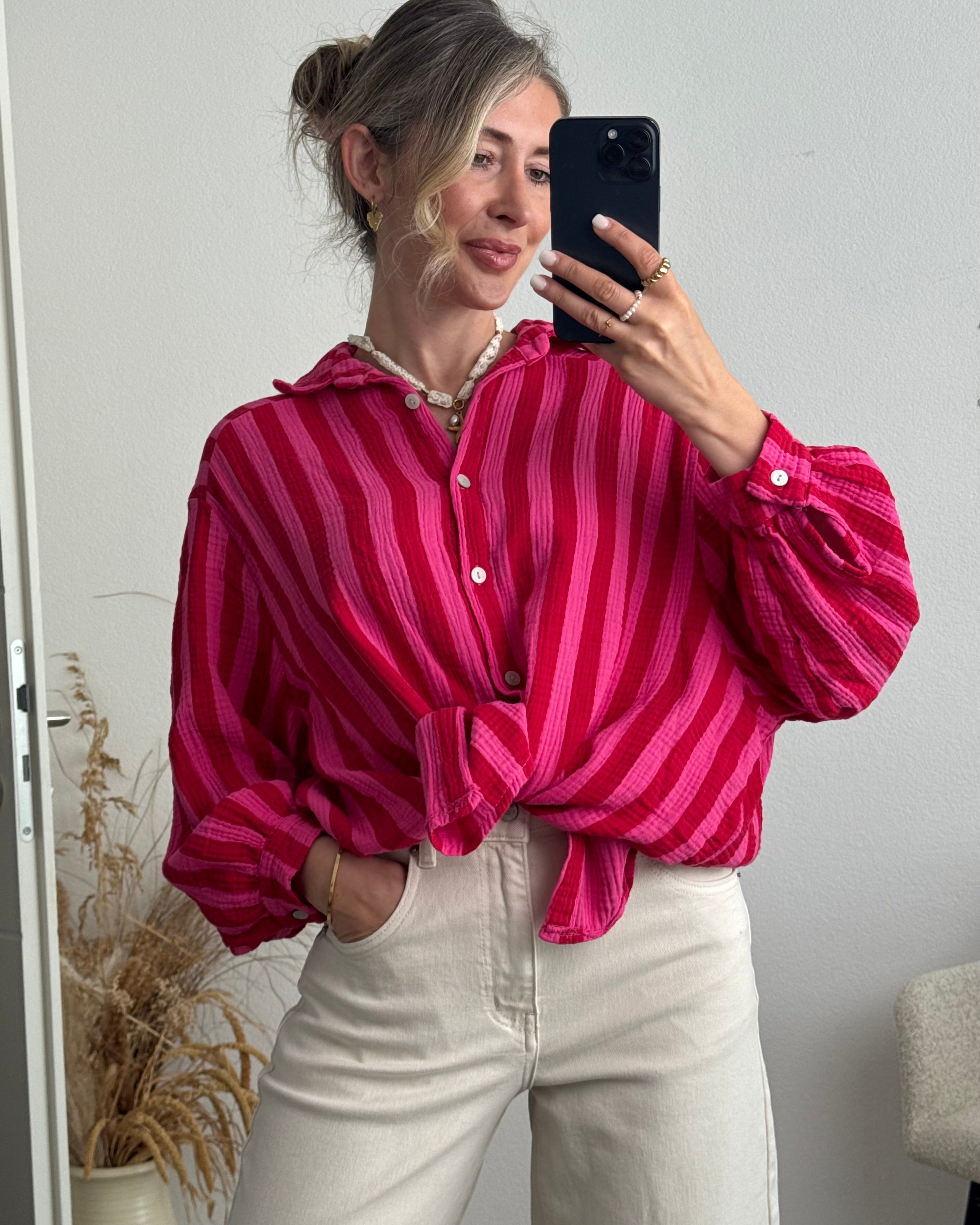 Musselinbluse Bold Stripes rot pink
