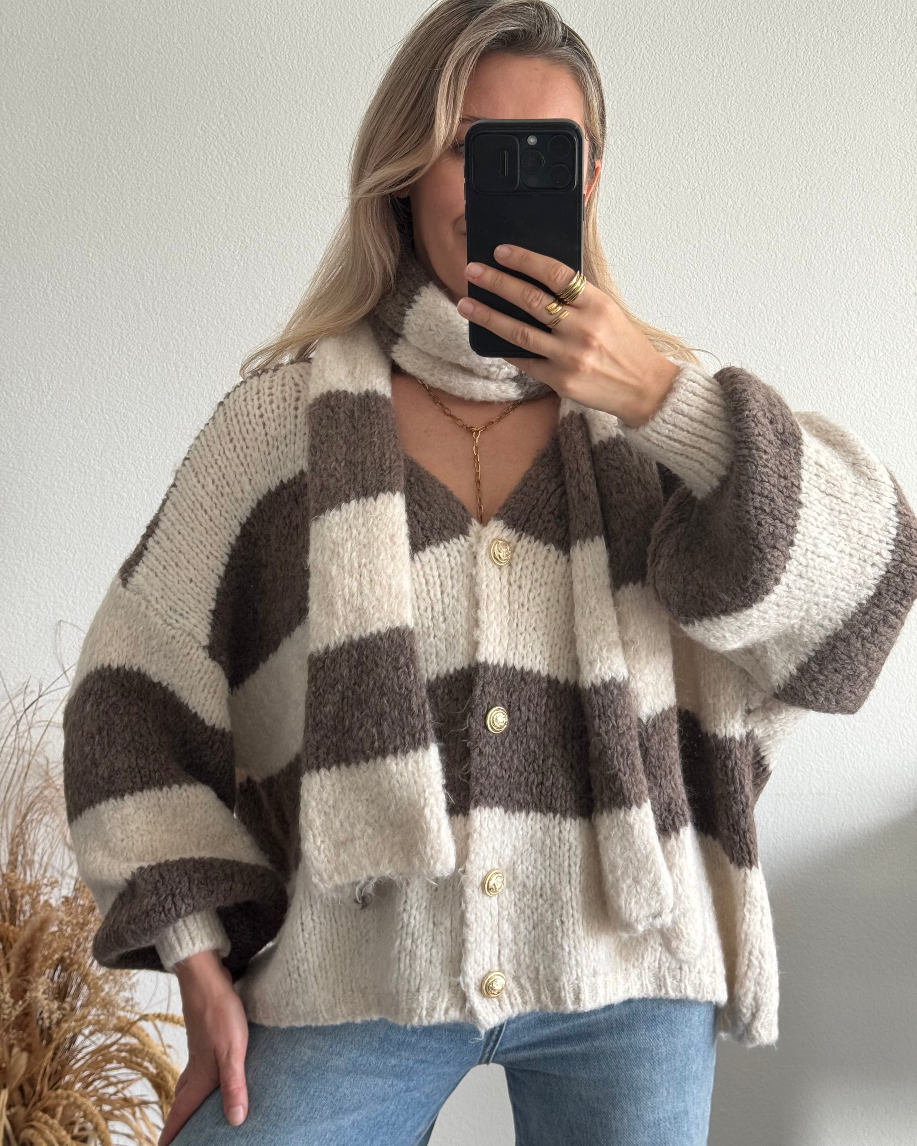 Kuscheliger Cardigan mit Schal Creme / Taupe