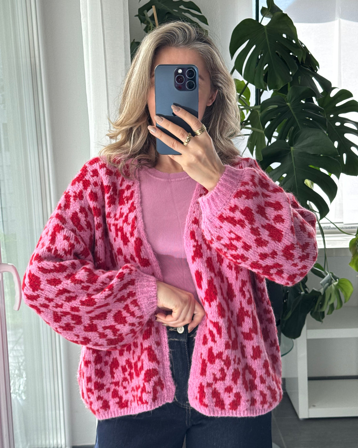 Offener Cardigan mit Leoprint Pink