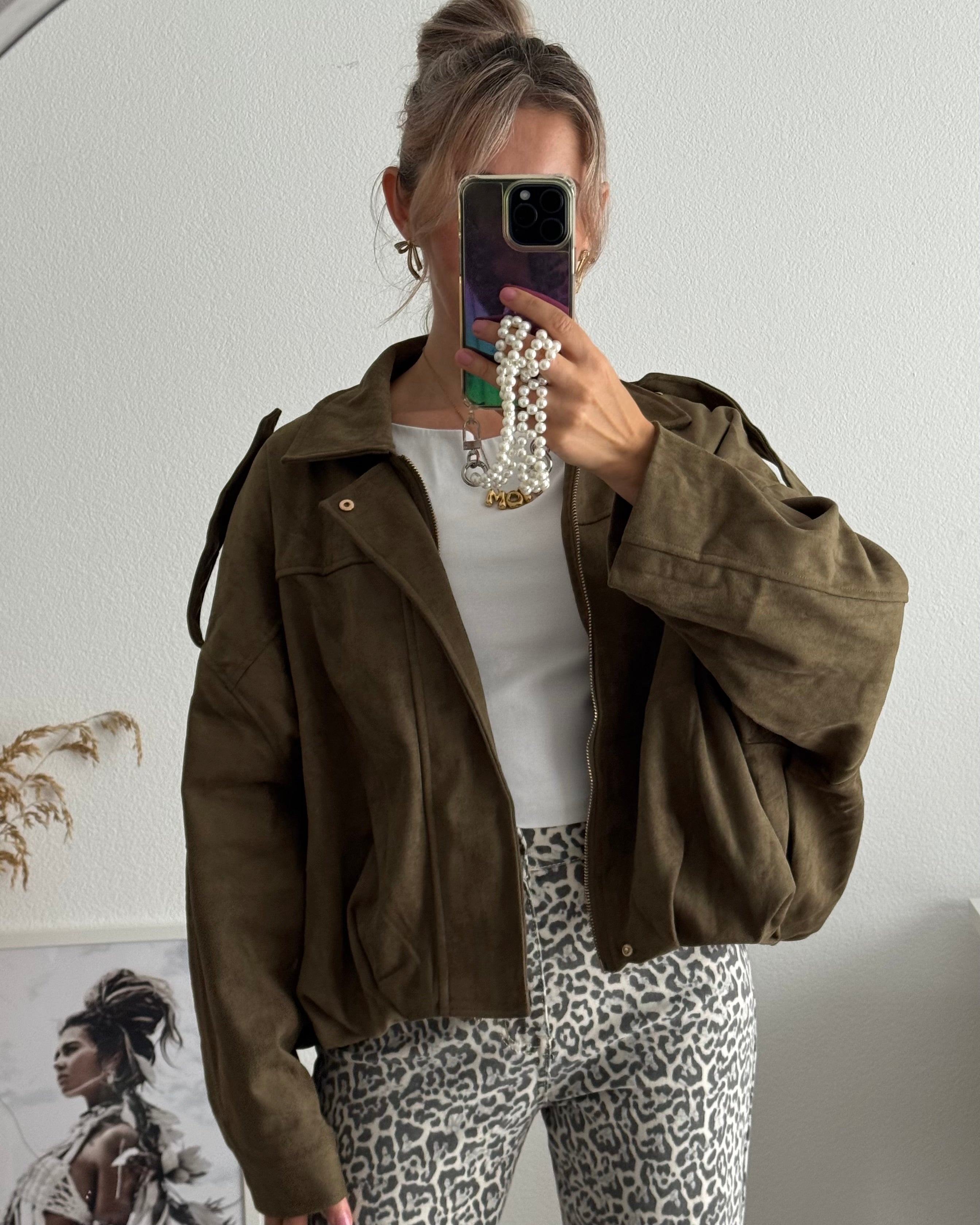 Luxe Suede Bomber Jacket Khaki