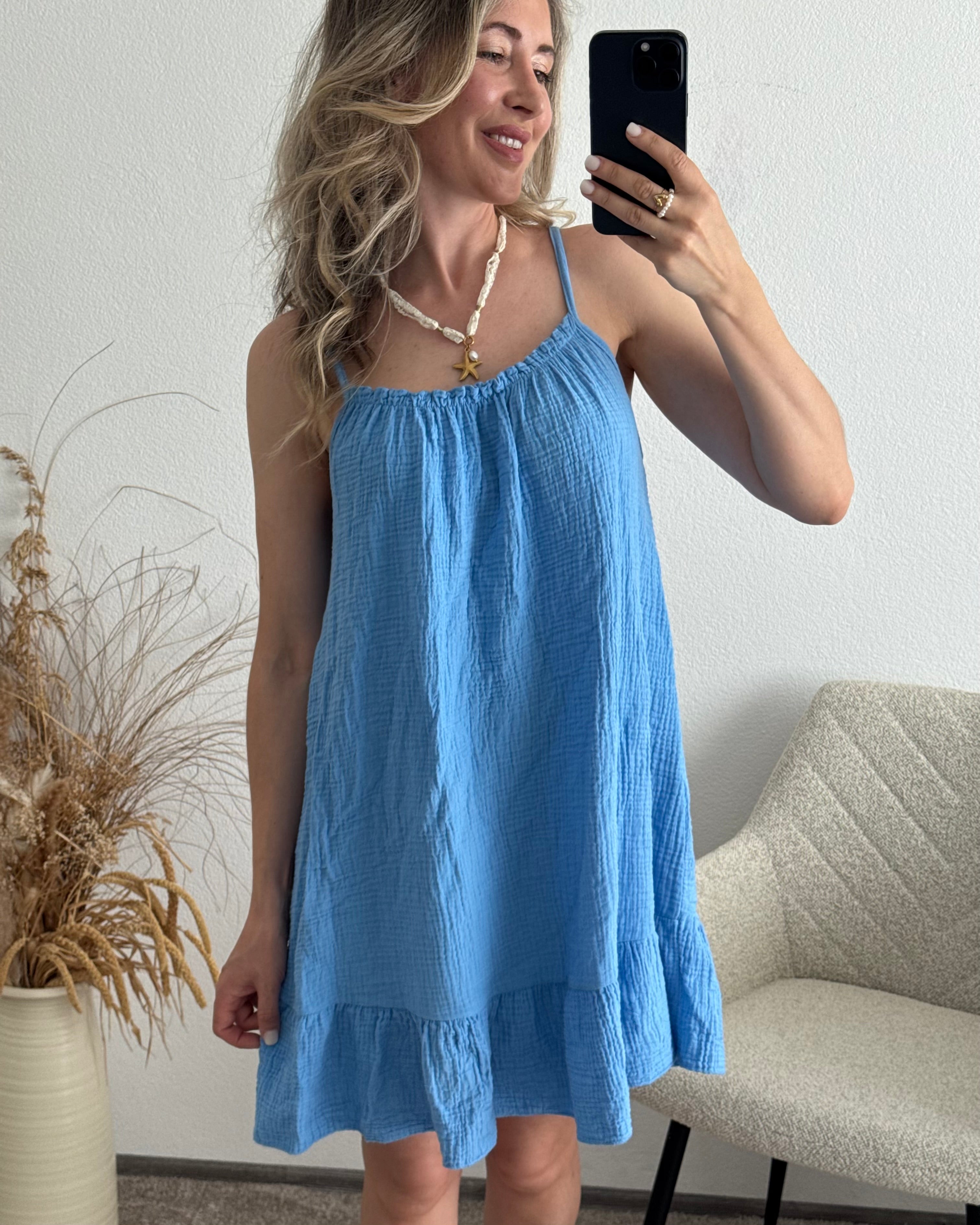 Musselinkleid mit Volantsaum Kelly Himmelblau