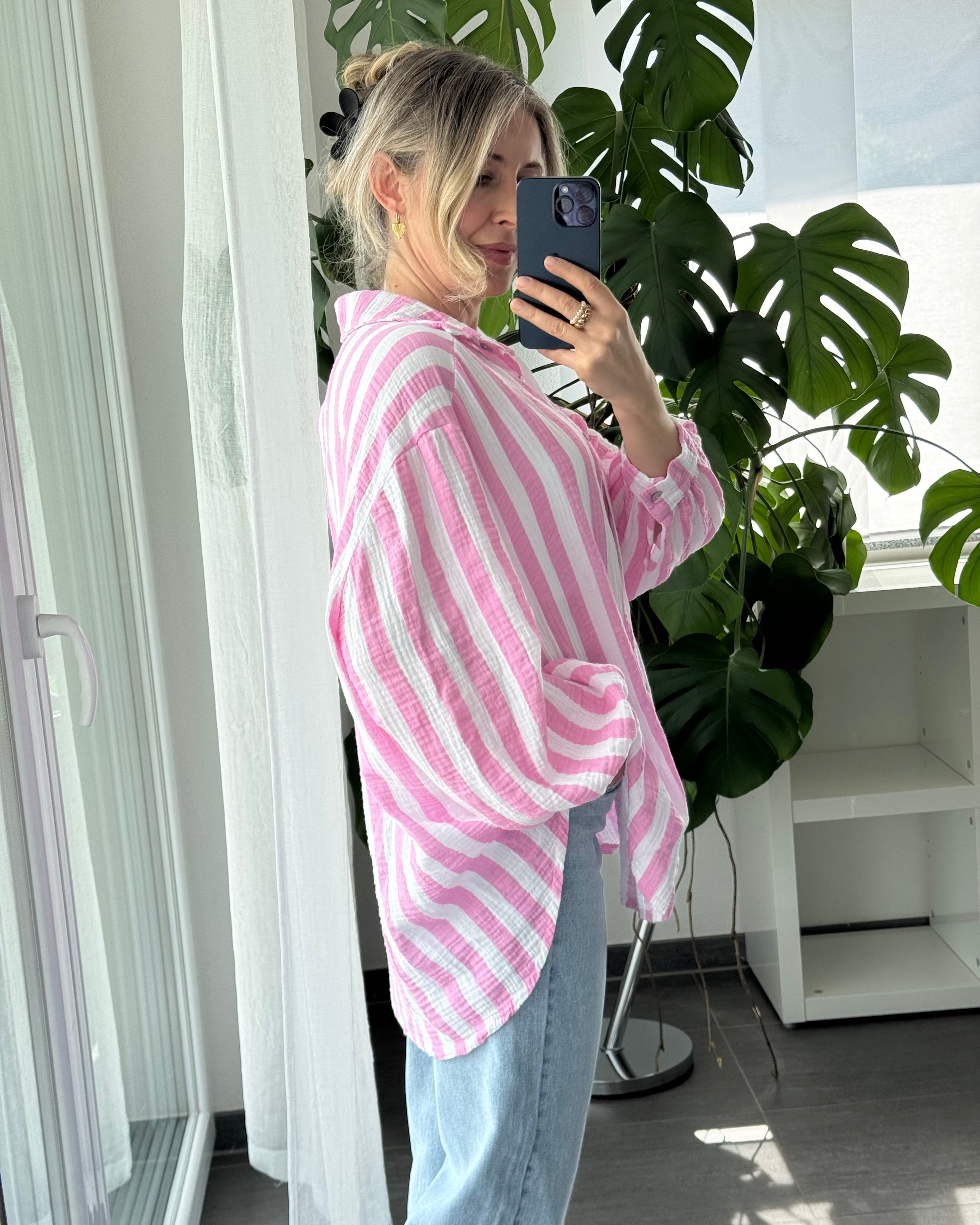 Musselinbluse Bold Stripes Rosa