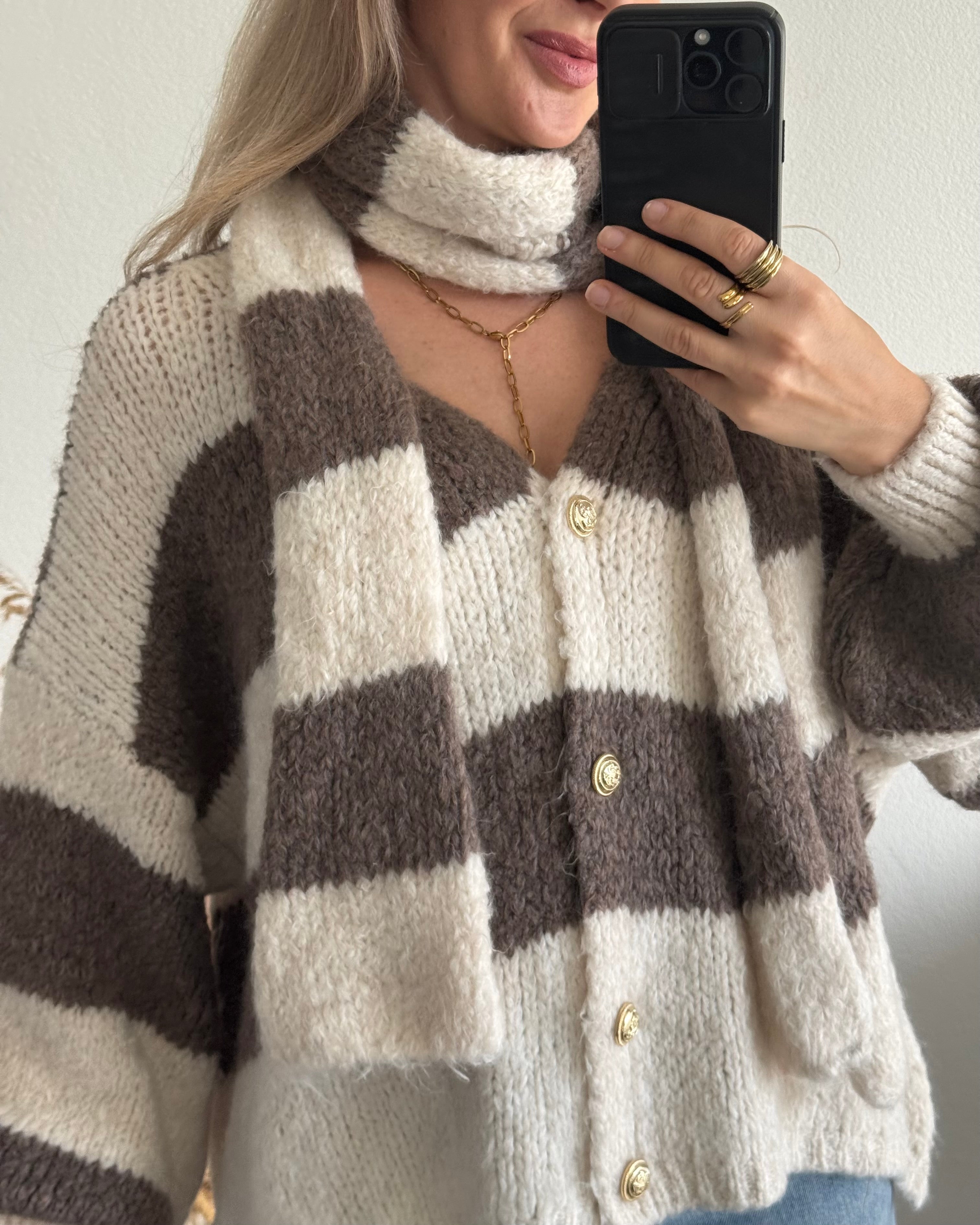 Kuscheliger Cardigan mit Schal Creme / Taupe