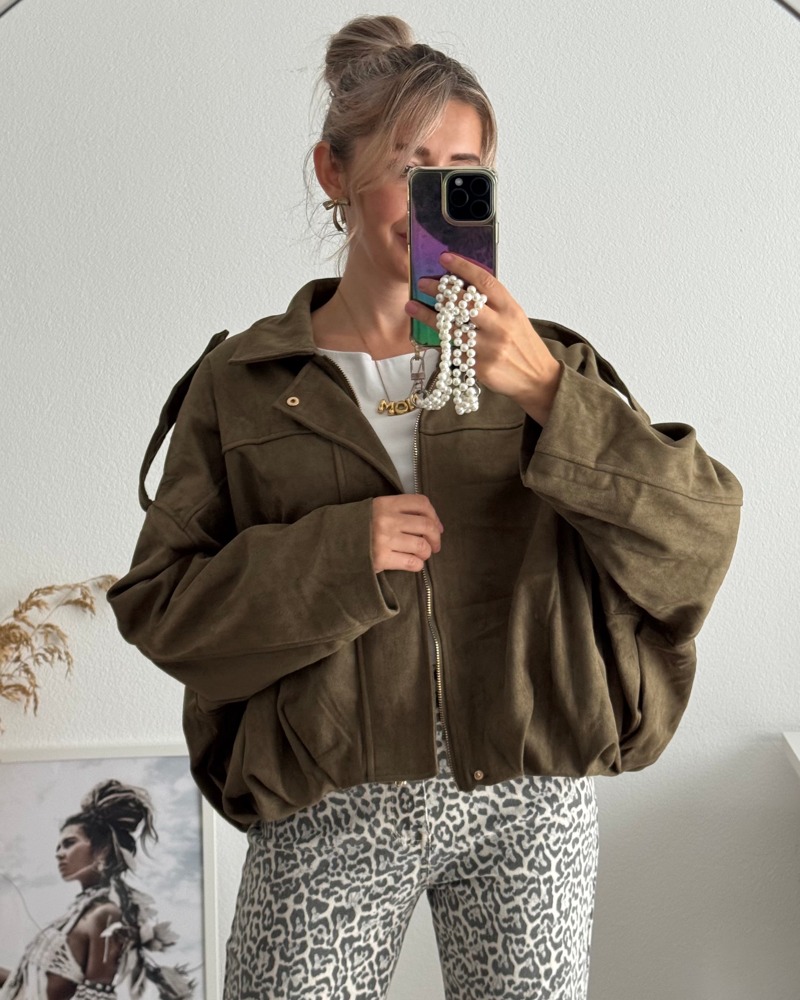 Luxe Suede Bomber Jacket Khaki