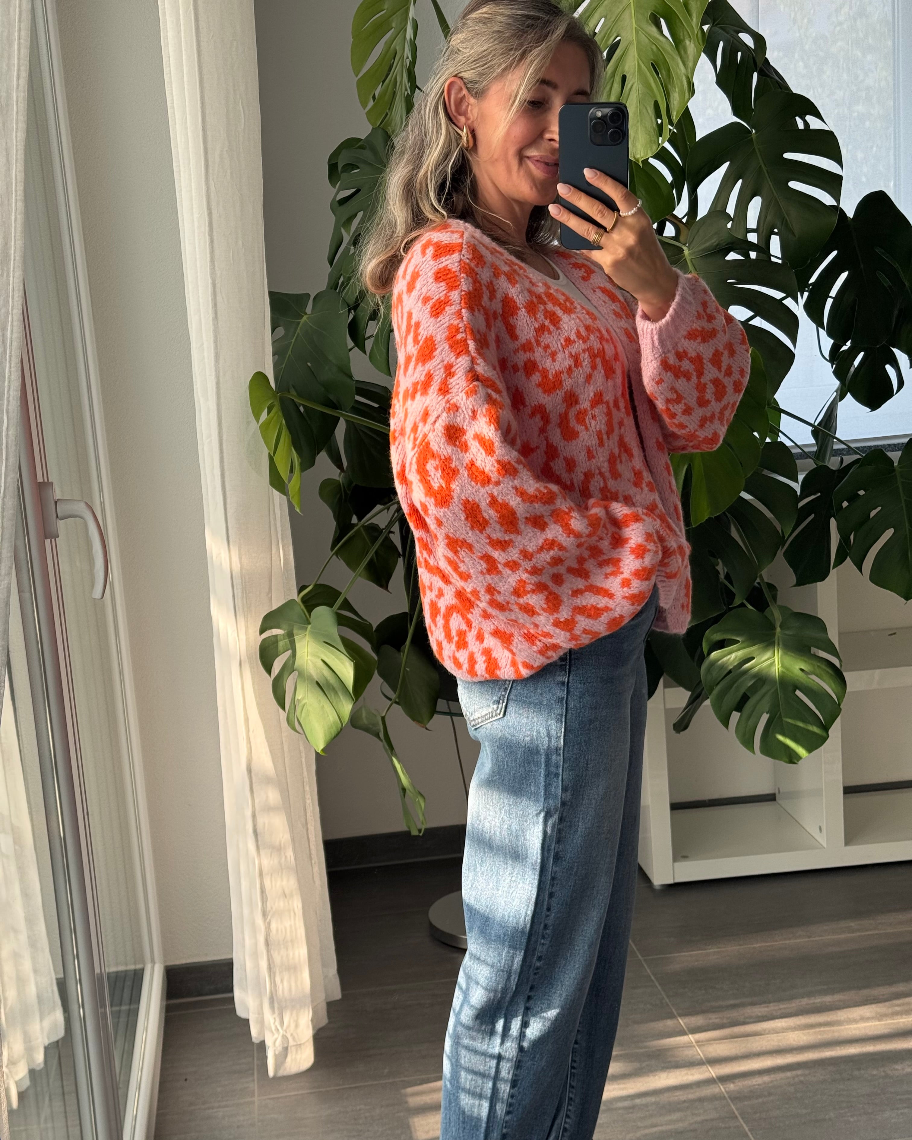 Offener Cardigan mit Leoprint Orange