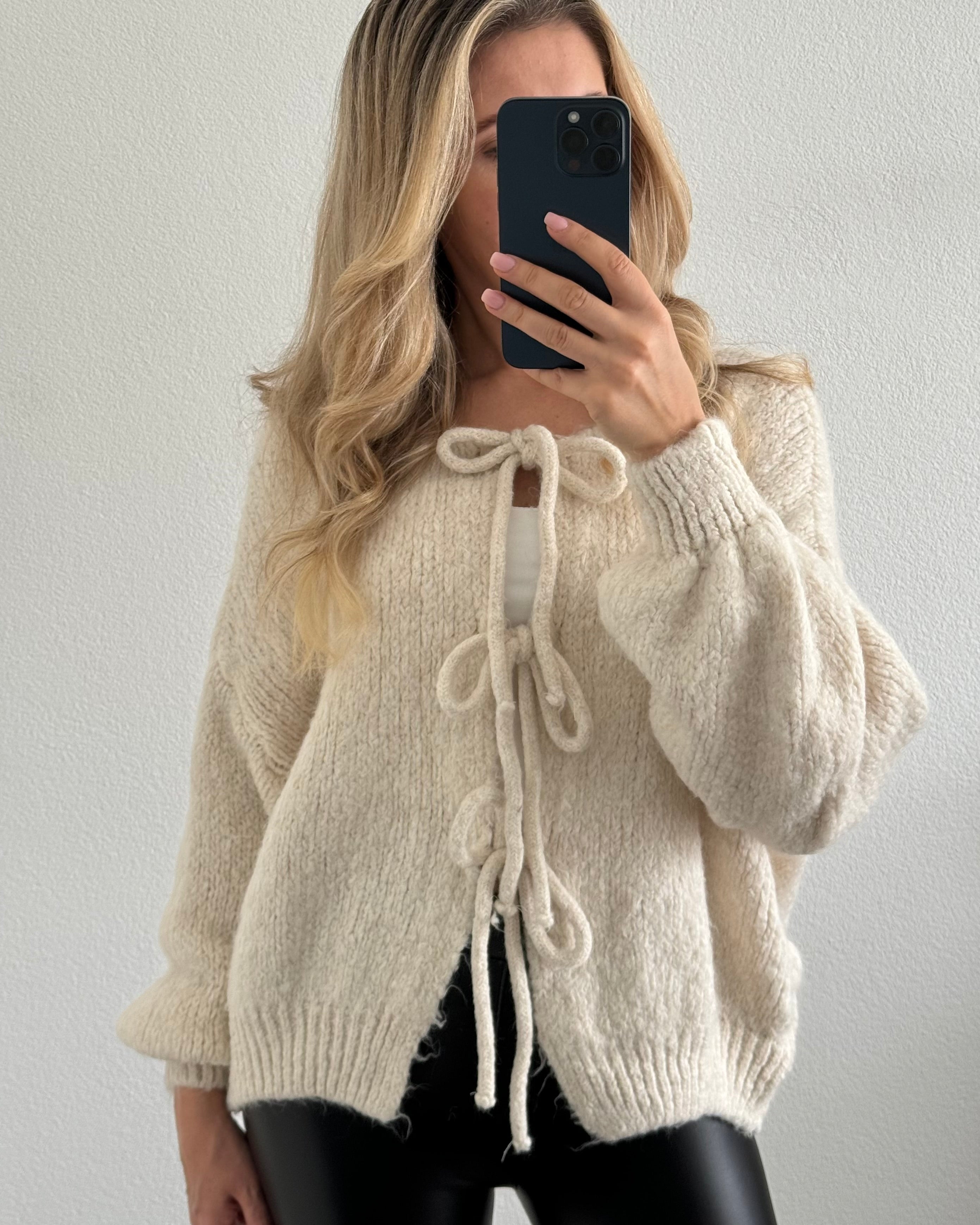 Cardigan mit Schleifen Langarm Creme