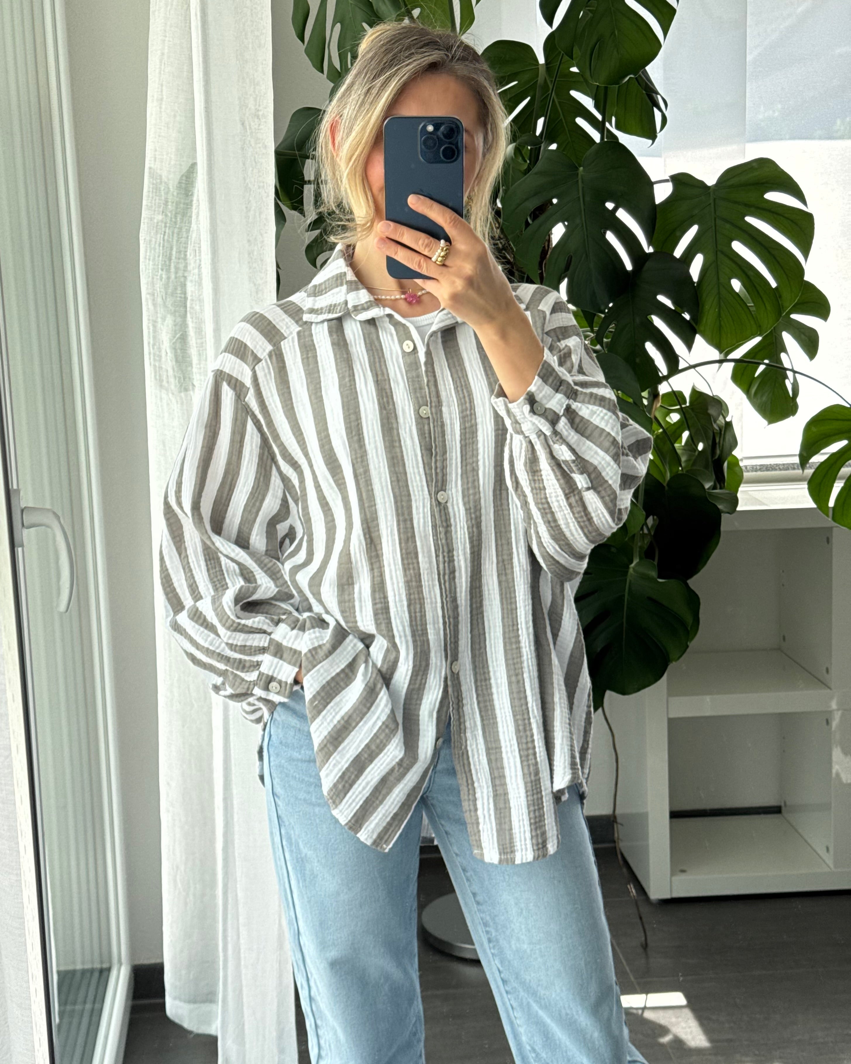 Musselinbluse Bold Stripes Grau