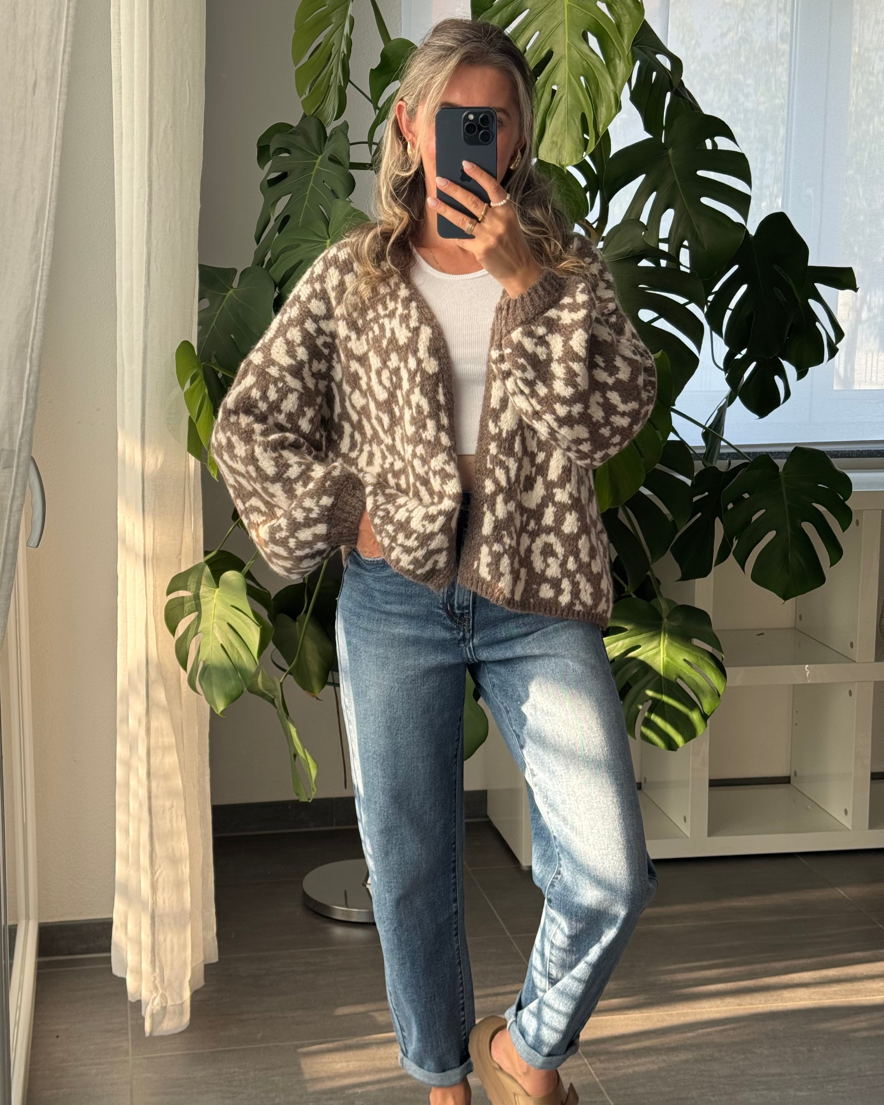 Offener Cardigan mit Leoprint Taupe