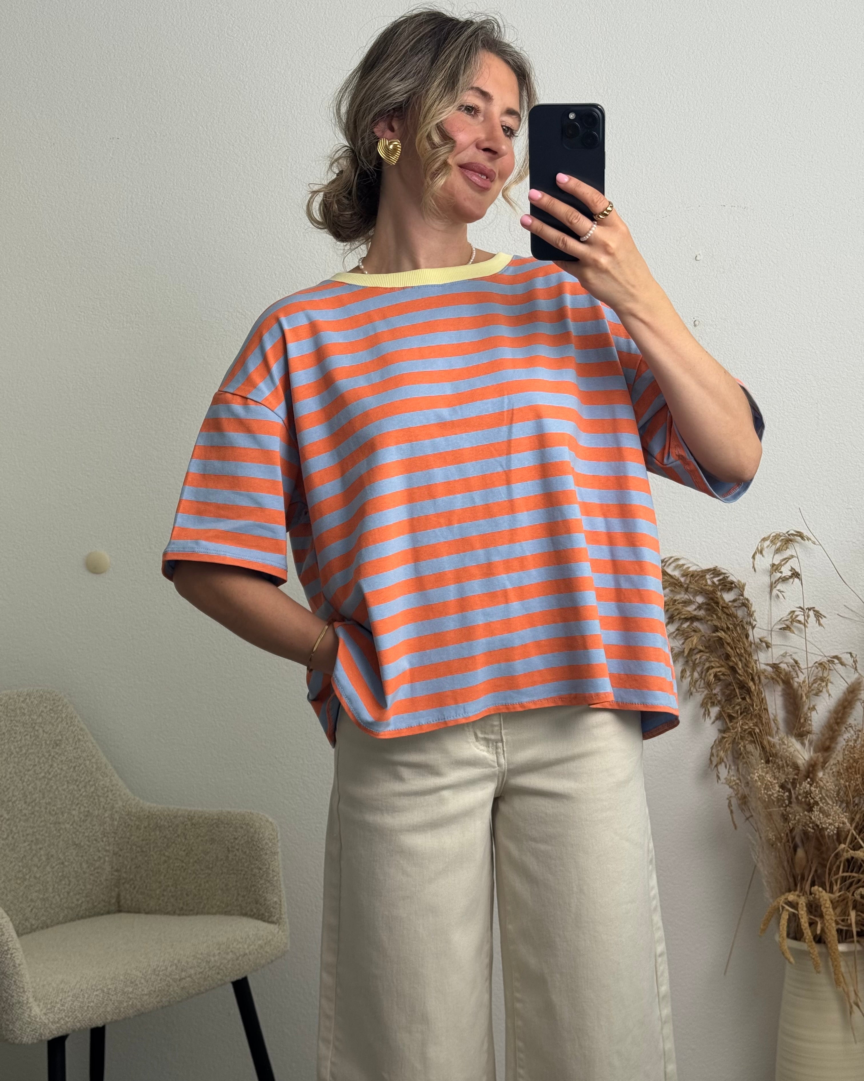 Open Tie Back Shirt Blau/orange