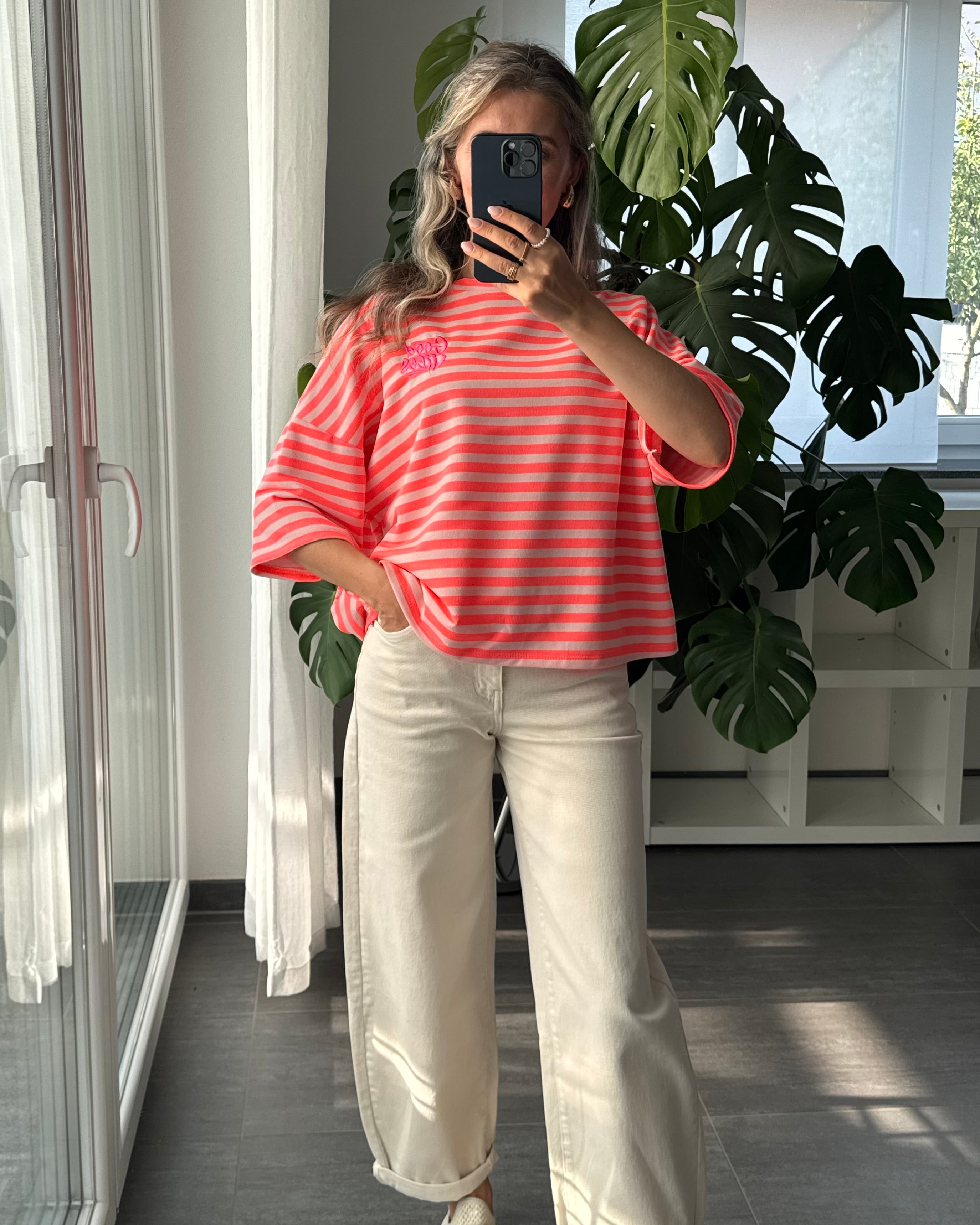 Shirt Streifenliebe Good Vibes Korallrot
