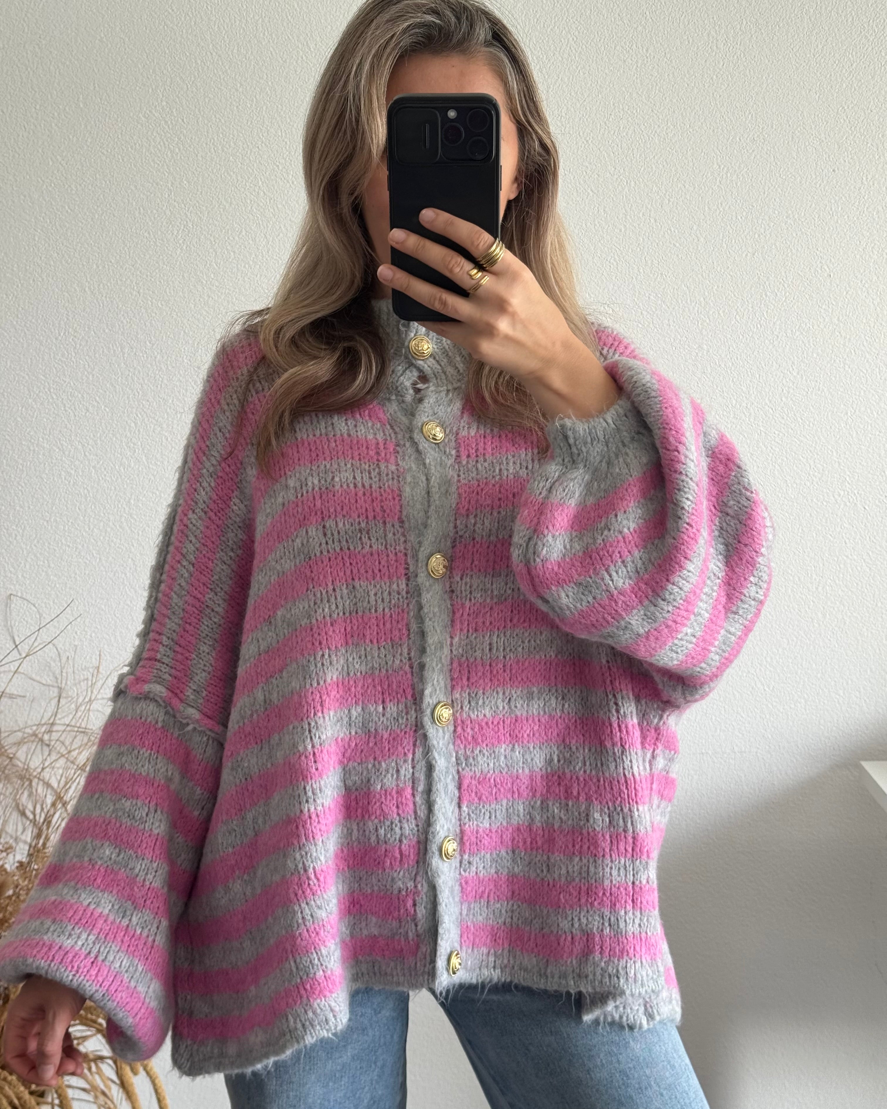Cardigan gestreift Grau / Rosa