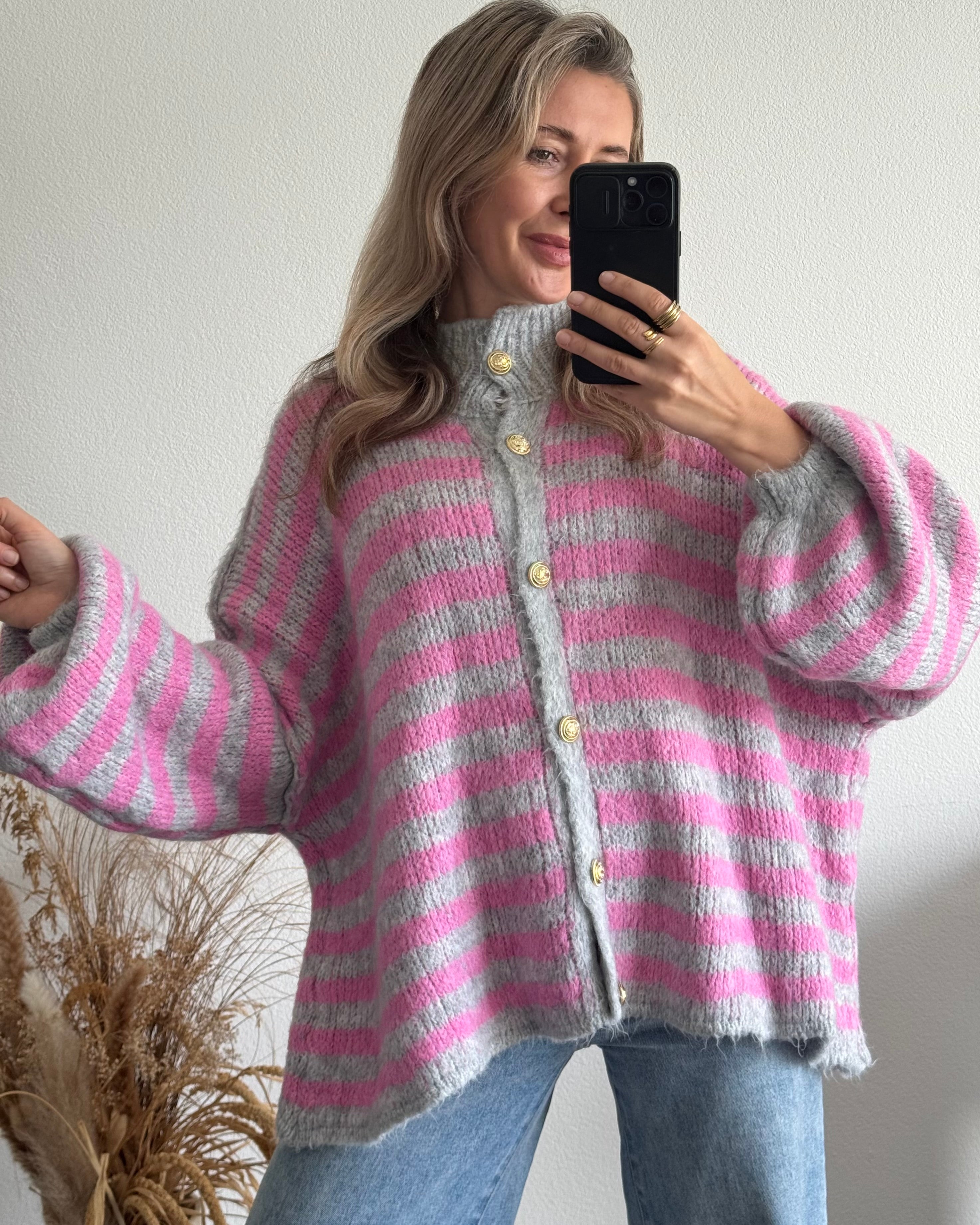 Cardigan gestreift Grau / Rosa