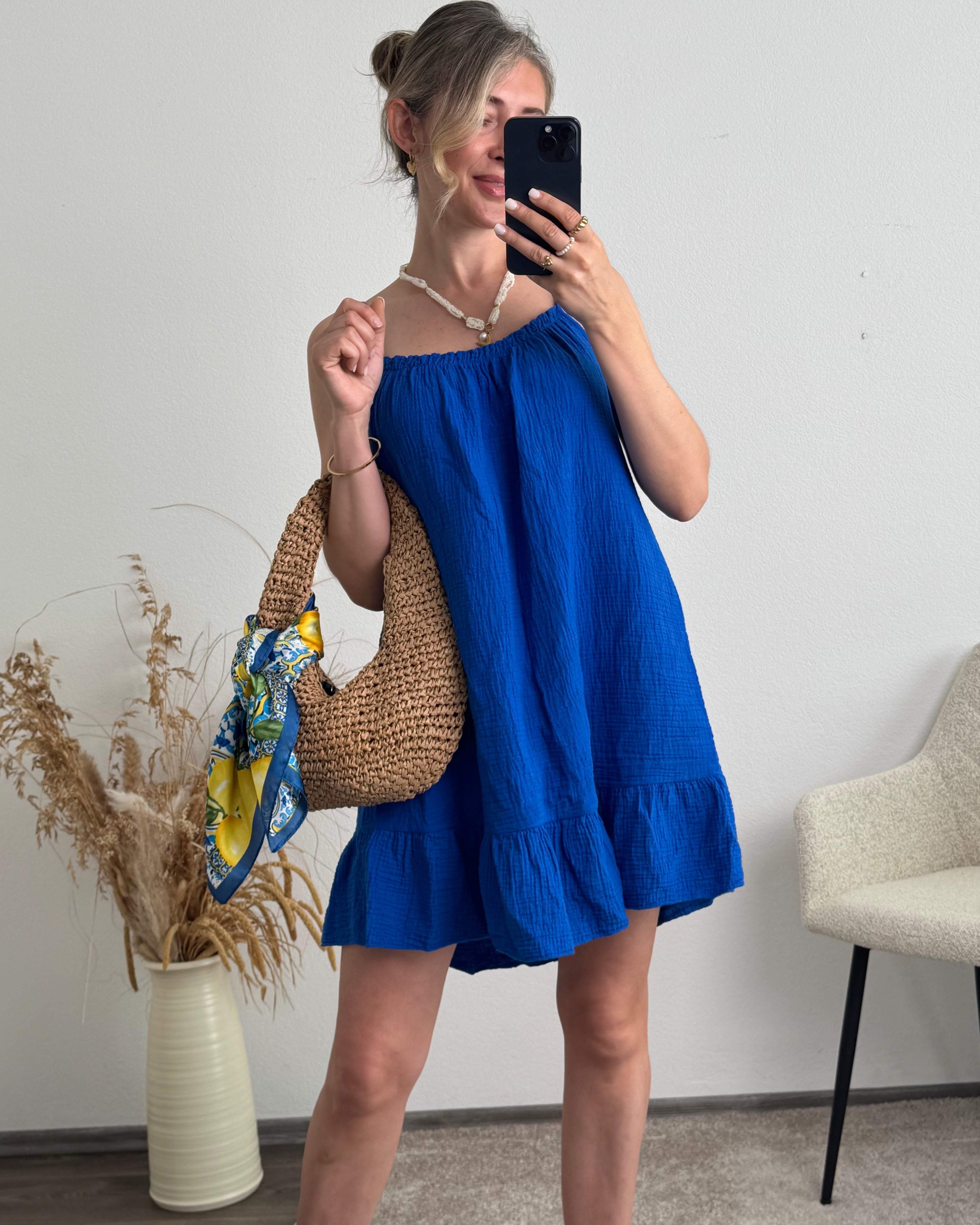 Musselinkleid mit Volantsaum Kelly royalblau