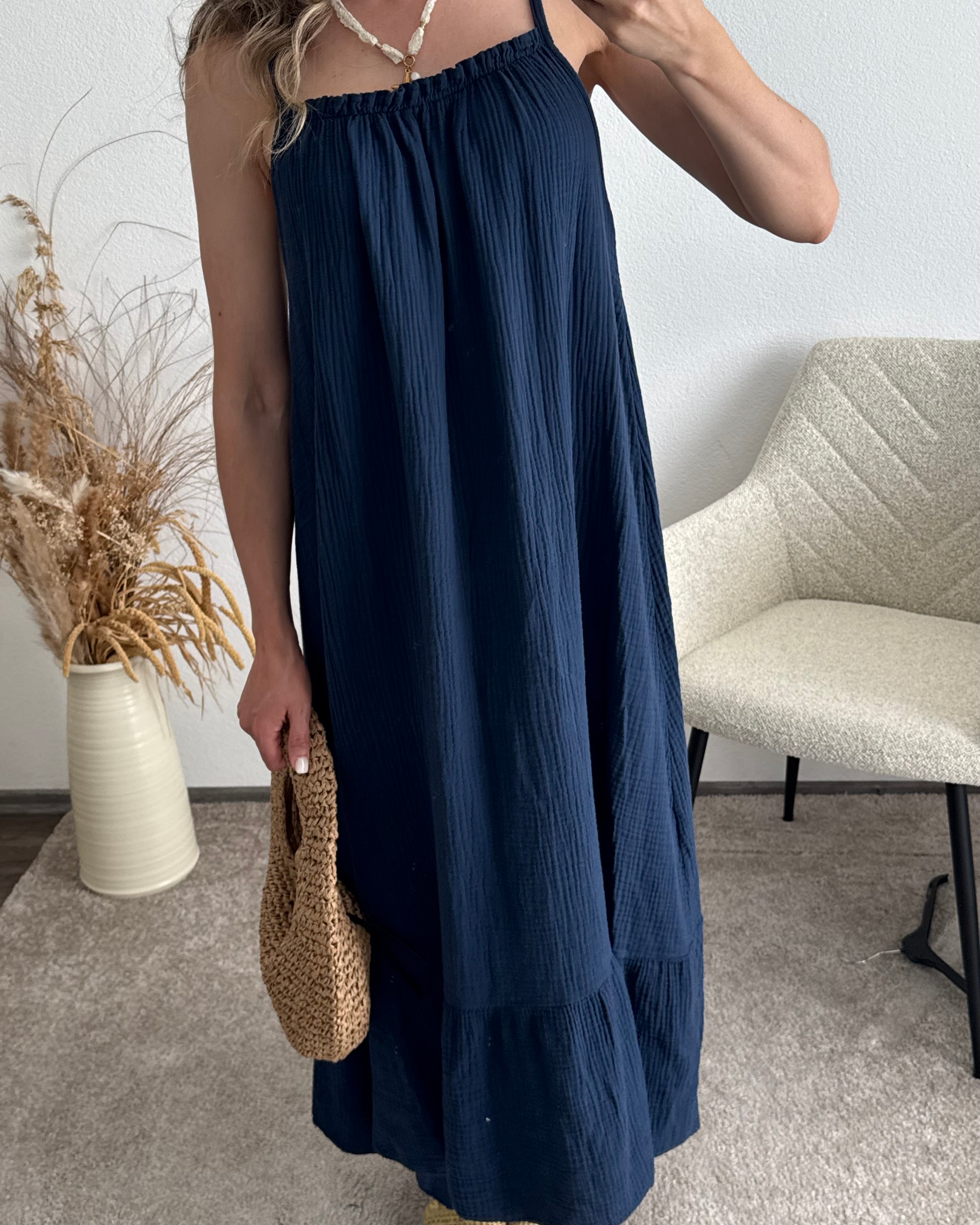 Langes Musselinkleid mit Volantsaum Kelly marineblau