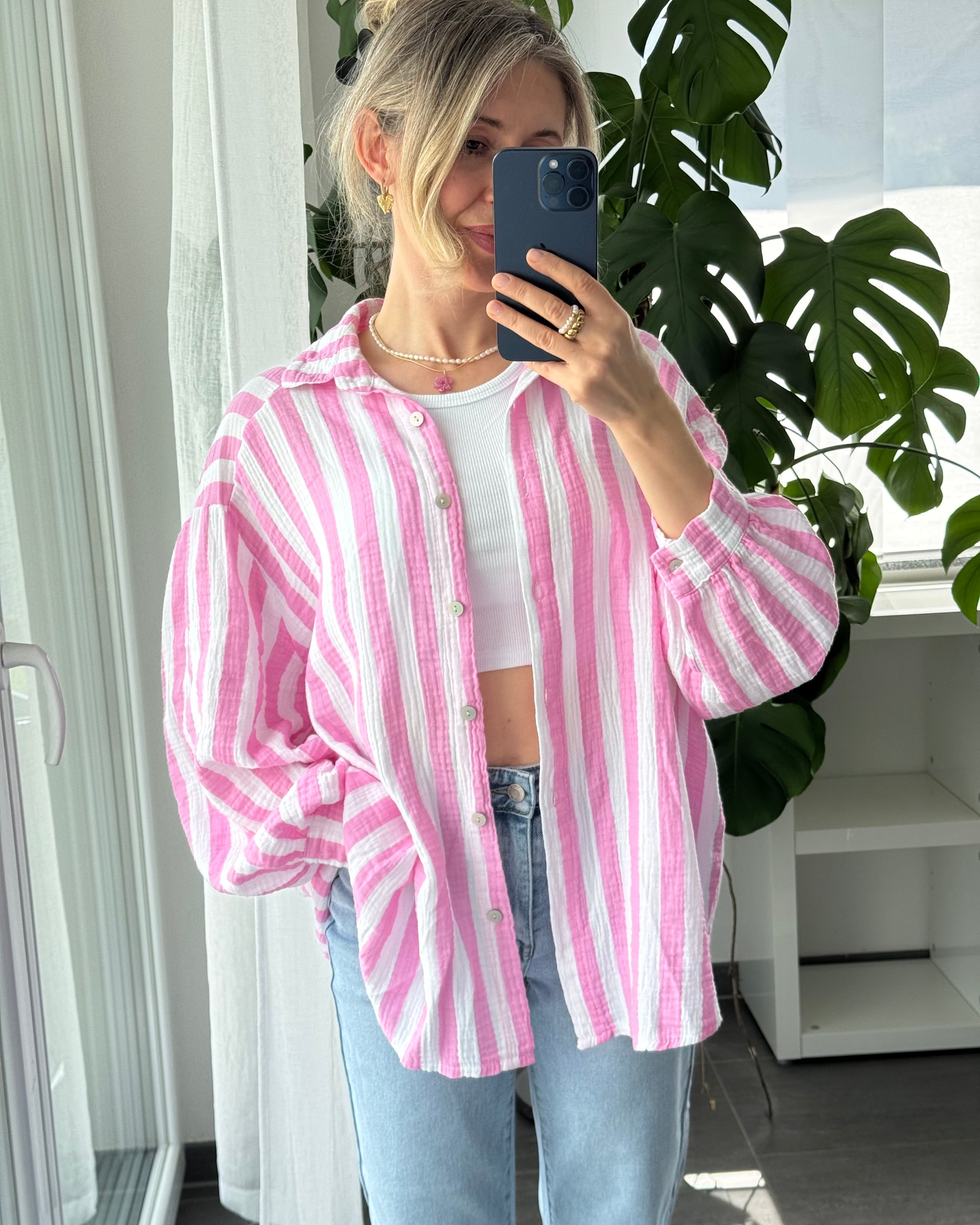 Musselinbluse Bold Stripes Rosa