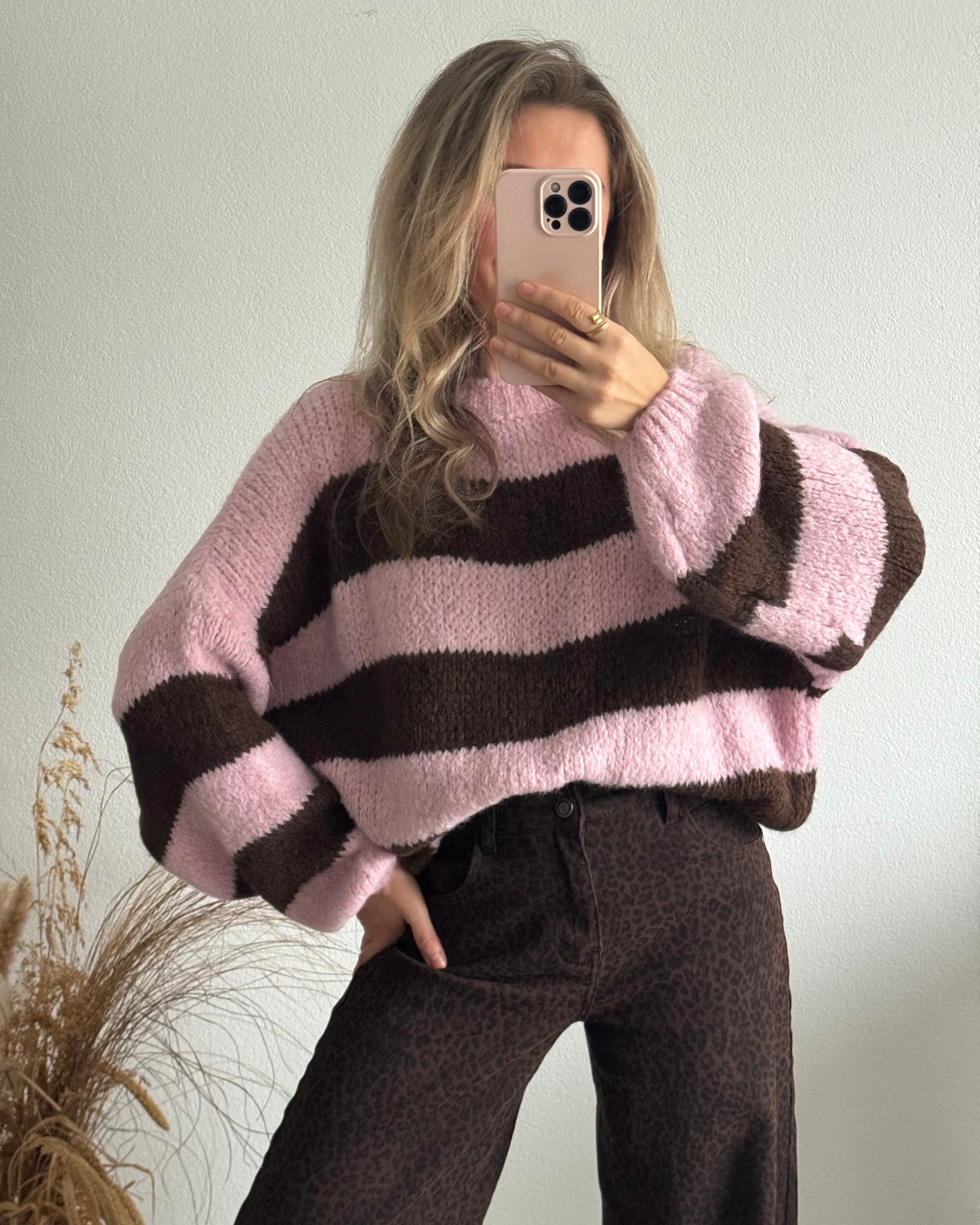Strickpullover Fluffy Blockstreifen Braun Rosa