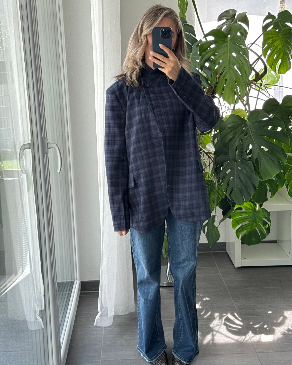 High Neck Blazer kariert blau