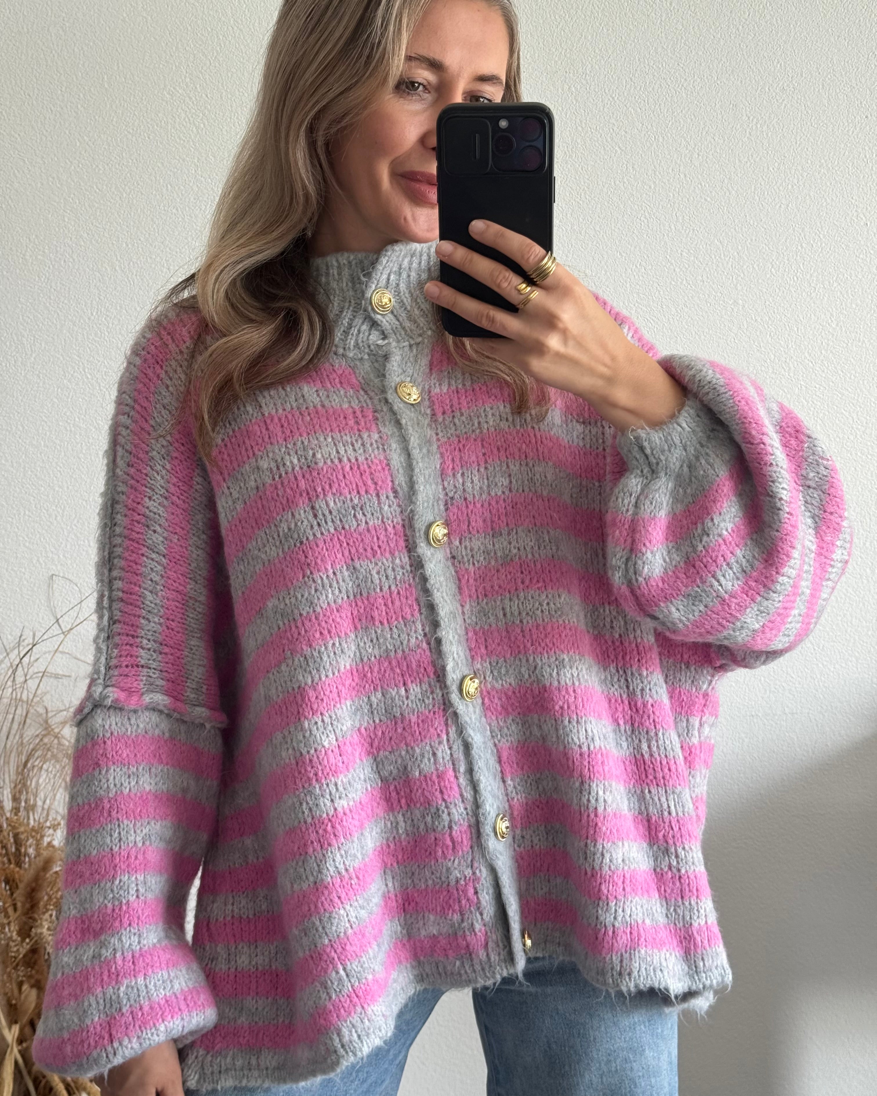 Cardigan gestreift Grau / Rosa