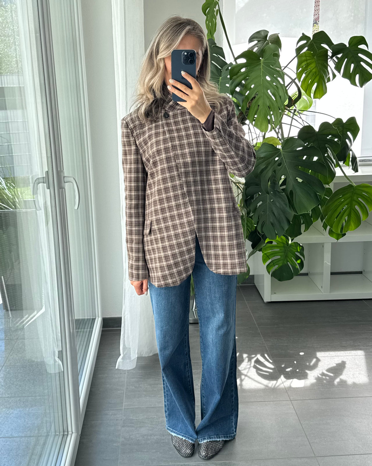 High Neck Blazer kariert braun