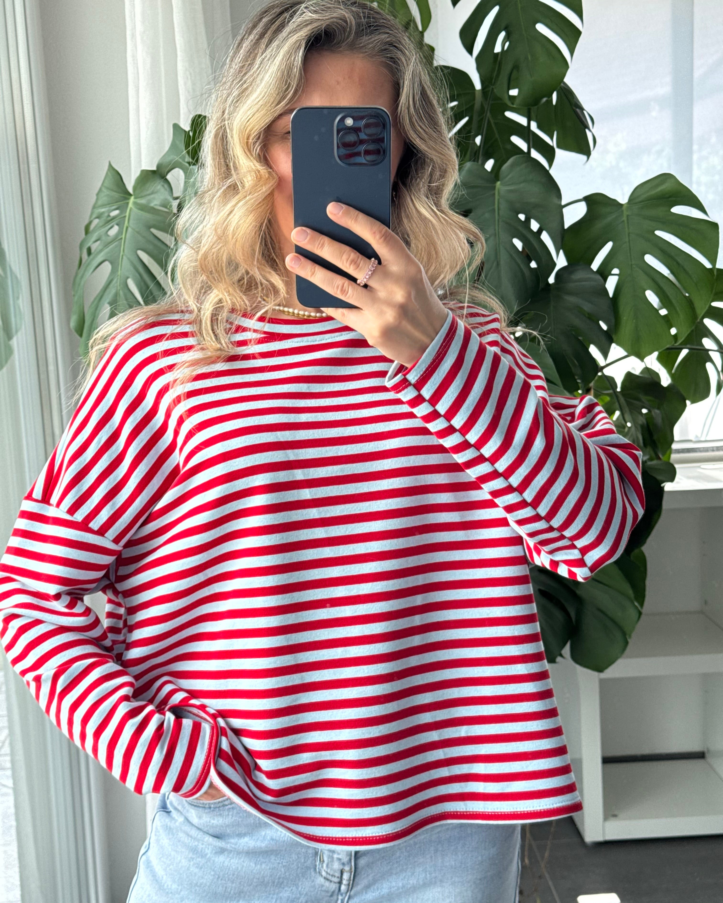 Shirt Streifenliebe langarm Hellblau Rot