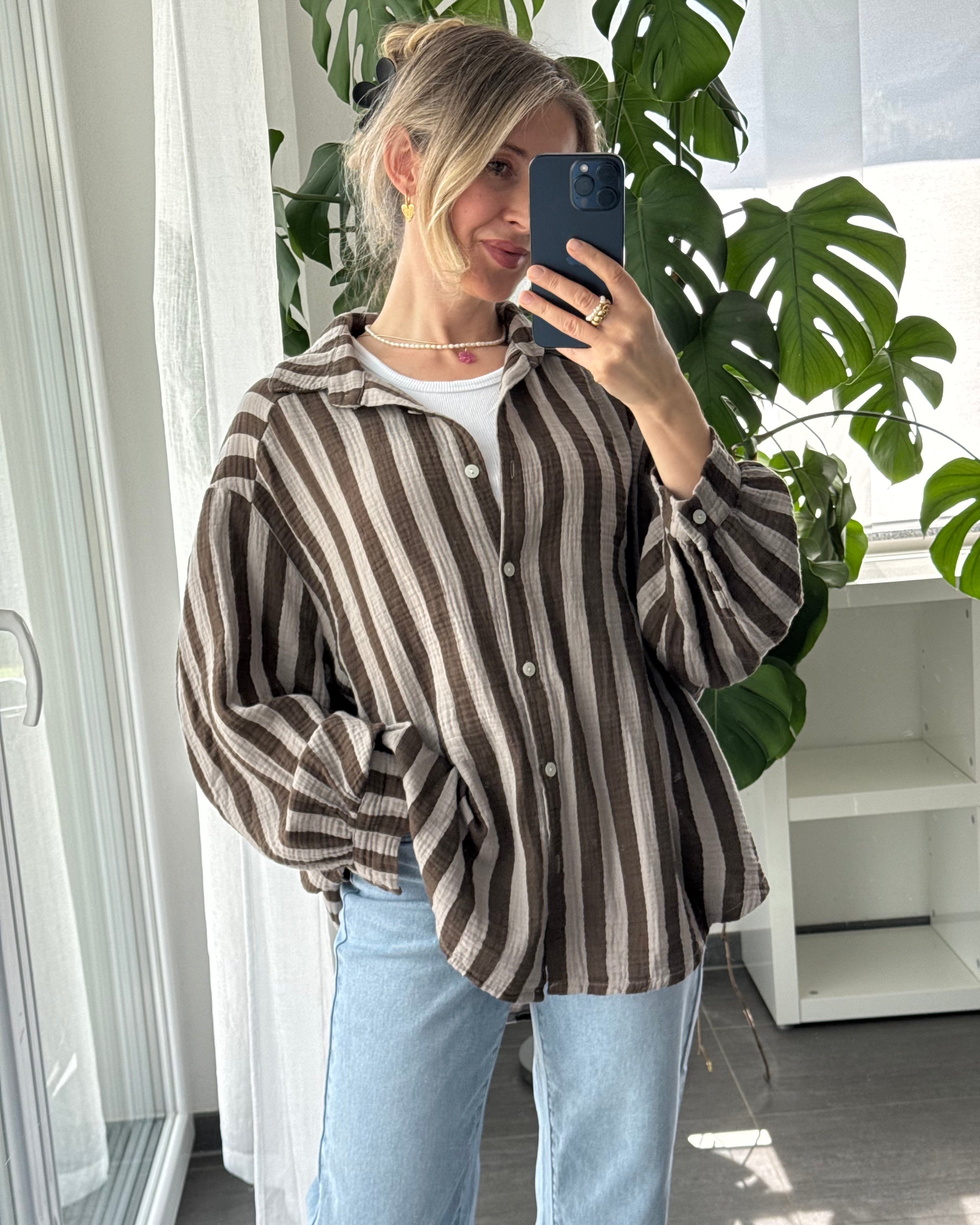 Musselinbluse Bold Stripes Braun